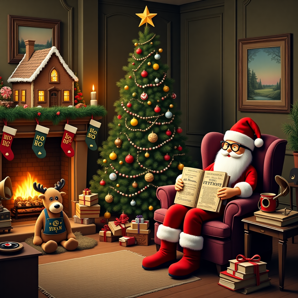 The scene is set in a cozy, warmly lit living room, which is adorned with holiday decorations and subtle Masonic symbols. In the center of the room, a large, ornately decorated Christmas tree stands proudly, its branches heavy with traditional ornaments, twinkling lights, and a peculiar addition: a series of small, golden compasses and squares nestled among the baubles. These Masonic tools dangle elegantly, catching the light just so, suggesting a hidden secret for the keen observer.

At the foot of the tree, instead of the usual pile of presents, there is a comical twist: a gingerbread house shaped like a Masonic lodge. It's complete with mini candy cane columns and wafer brick walls, and it's decorated with jelly bean windows in the shape of the iconic eye-in-pyramid symbol. This edible architecture invites closer inspection and a hearty laugh.

On the mantle above a crackling fireplace, stockings hang filled with a bizarre assortment of gifts—tiny scrolls with cryptic messages, a small model gavel made from peppermint candy, and, curiously, an oversized Santa hat with the all-seeing eye embroidered in silver thread on its white fluffy brim. Beside these stockings, a plush Santa Claus sits, peering over a pair of tiny spectacles, holding a large book labeled “The Santa Claus Code,” its pages seemingly filled with Masonic-like symbols and wintery illustrations.

A curious touch to this scene is a plush reindeer lounging on an armchair, wearing an oversized Masonic apron, his antlers adorned with baubles that spell out 'Ho Ho Hiram' in bold red and green letters. Next to him, a pile of books about architecture and geometry hint at the mysterious world of Freemasonry.

In the background, a vintage gramophone plays a Christmas carol, its horn decorated with a festive red ribbon. On the side table, a plate of cookies has been arranged in the shape of a trowel, a nod to the builder’s craft, and a steaming mug of hot cocoa sits beside it, complete with a star-shaped marshmallow floating on top.

This quirky, humorous take on a Christmas scene cleverly interweaves traditional holiday elements with playful Masonic symbols, inviting viewers to ponder the mystery while sharing a festive chuckle.
Generated with these themes: masonic.
Made with ❤️ by AI.