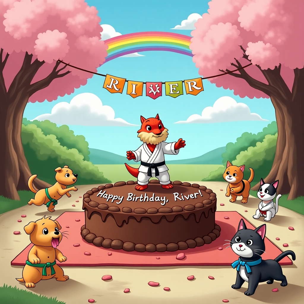 The scene is a vibrant and whimsical birthday celebration set in a sunny dojo courtyard surrounded by flowering cherry blossom trees, their pink petals gently cascading to the ground. In the center of this delightful gathering, a bearded dragon named Sensei Scales, dressed in a miniature karate gi, stands proudly atop a large chocolate birthday cake shaped like a karate mat. The cake is decorated with icing figures performing karate moves, and "Happy Birthday, River!" is artfully scripted in chocolate icing across the top. Around the cake, a lively ensemble of cartoonish dogs and cats, each dressed in tiny karate uniforms, are joyfully mimicking Sensei Scales' moves. One enthusiastic puppy, a fluffy golden retriever with a black belt tied around its waist, attempts a high-flying kick, while a tabby cat, with oversized whiskers and a green belt, lands gracefully from a cartwheel. In the background, a rainbow arcs across the sky, and puffy white clouds spell out "River" in elegant script. To the side, a joyful Dalmatian is seen rolling over playfully, its paws covered in chocolate icing, while a curious Siamese cat, wearing a blue belt, eyes the cake, planning its next mischievous move. Above, colorful balloons are tied to a banner strung between two trees, emblazoned with "Happy Birthday, River" in bright, cheerful letters, each letter uniquely styled to resemble a different karate belt color. This animated and lively scene invites you to a charming celebration filled with playful antics and a touch of martial arts whimsy.
Generated with these themes: Birthday bearded dragon, Karate , Chocolate , and Dogs and cats.
Made with ❤️ by AI.