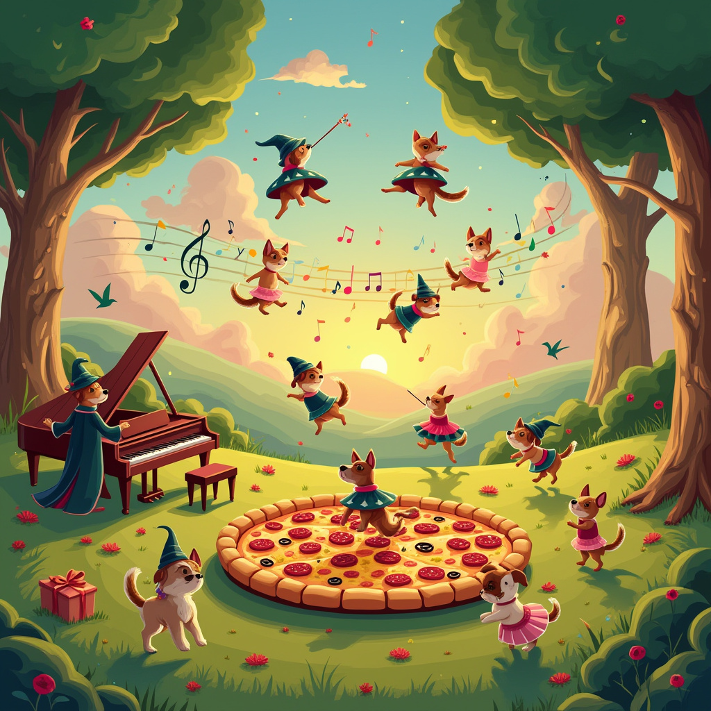 In this surreal birthday-themed illustration, the landscape is a whimsical wonderland that combines elements of gymnastics, dogs, pizza, wizardry, and music into a captivating tableau. Imagine a vibrant field with a lush, soft grass that rolls like an emerald carpet. At the center is a large circular stage resembling a pizza, complete with toppings like mushrooms, pepperoni, and olives that pop with color and texture, giving the appearance of a merry-go-round. Around this pizza stage, a troupe of dogs perform intricate gymnastics routines, leaping and flipping through the air with tails wagging in synchronized harmony. Each dog wears a tiny wizard's hat, a nod to their magical agility.

To the left of the stage, a wizard dog, with a long, flowing robe made of sheet music, waves a baton-like wand that twirls colorful musical notes into the sky. These notes float upwards and transform into vibrant, fluffy clouds. As the musical clouds drift, they spell out "Happy 9th Birthday Sienna" in shimmering letters that seem to dance along with the melody. A grand piano, with keys made of alternating slices of pizza and cheese, serves as a backdrop where more dogs, all in tiny tutus, pirouette gracefully atop the keys, creating a symphony of movement and sound.

In the background, tall trees with bark resembling stacked pizza crusts sway gently, their branches forming arches that echo the rhythmic patterns of the music. Birds, shaped like musical notes, flutter amongst the treetops, adding to the harmonious scene. The entire composition is bathed in the soft, golden glow of a sunset, casting long, enchanting shadows across the field, and giving the illustration a dreamlike, fantastical quality.
Generated with these themes: Gymnastics , Dogs, Pizza , Wizard, and Music.
Made with ❤️ by AI.
