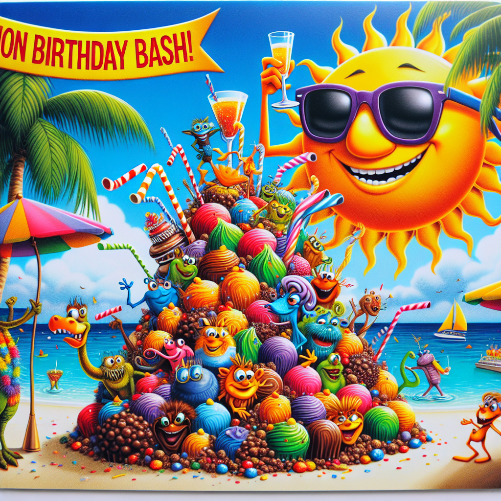 A vividly hued birthday card characterized by a playful cartoon scene of the Maldives. The scenery includes exaggerated caricatures of palm trees and a gleefully bright sun wearing oversized sunglasses. In the foreground, a gathering of animated animals representing various species is seen celebrating on the beach. They are shown raising a toast with delicately crafted champagne glasses. A comically oversized heap of multi-colored chocolate bars, impossibly big in size, sits as the centerpiece of their jubilation. A banner fluttering overhead proclaims the phrase 'Vacation Birthday Bash!'
Generated with these themes: The Maldives, Champagne, Chocolates, and Vacation.
Made with ❤️ by AI.