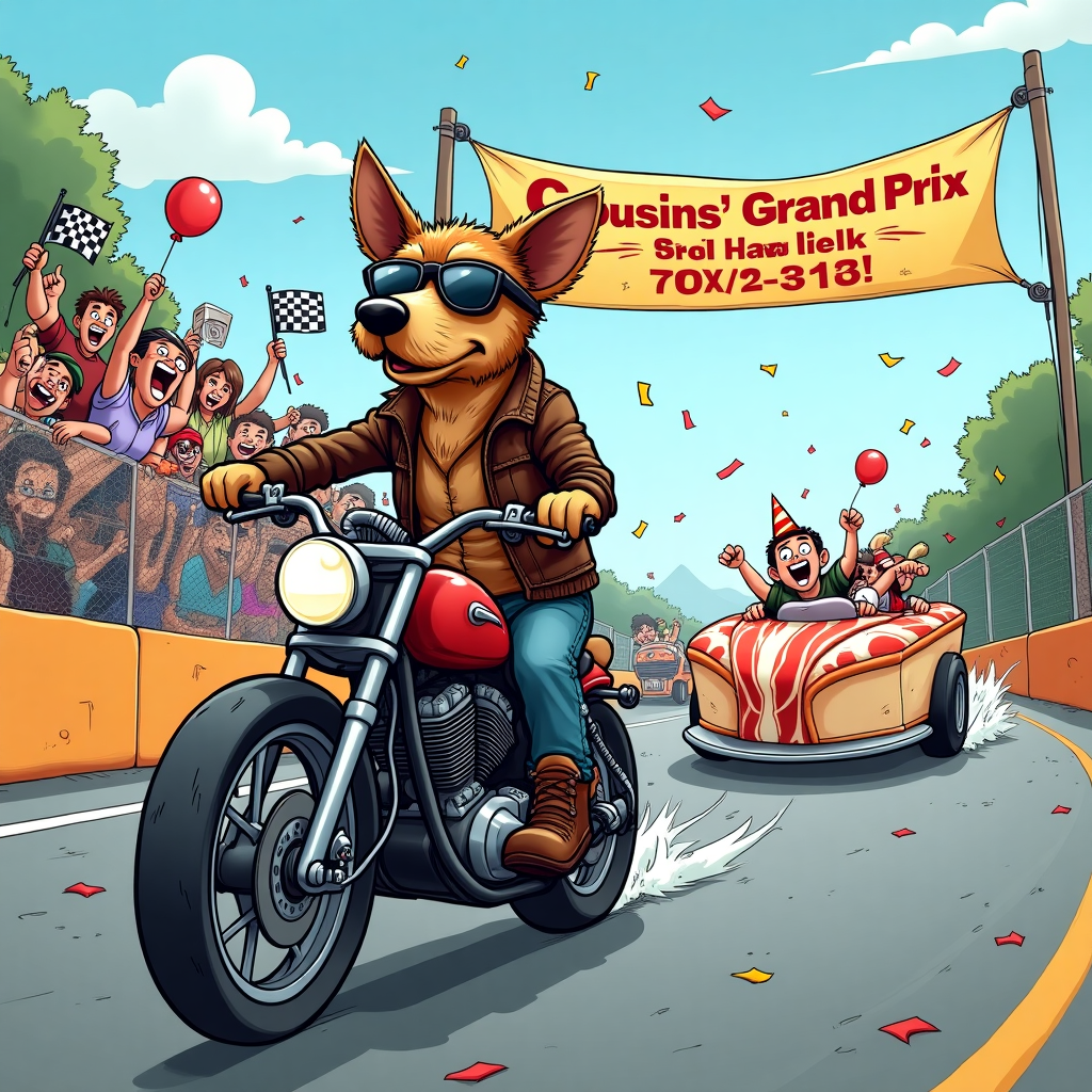 **Image Prompt:**

*At the top of the cartoon image:*  
**"Carl, you're 35—time to downshift from puppy power to midlife horsepower!"**

**Image Description:**  
A lively cartoon scene bursting with energy and humor. In the foreground, a scruffy but cool-looking dog wearing leather biker gear and aviator sunglasses is riding a miniature chopper motorcycle. The dog’s ears are flapping in the wind as he zooms past a race track filled with over-the-top cartoon cars—one shaped like a birthday cake, another like a giant slice of bacon.

In the background, there's a hilarious roadside banner that says “Cousins’ Grand Prix – 35th Lap of Life!” with cheering cartoon cousins waving checkered flags and holding ridiculous pit-stop tools (like a birthday balloon instead of a tire jack).

Carl (cartoon version) is clinging onto the back of the dog’s bike, eyes wide with birthday surprise and a party hat flying off his head. Confetti flies everywhere. The whole image feels chaotic, colorful, and packed with joyfully ridiculous racing energy.
Generated with these themes: Dog, Motorcycle, Cars, Racing, 35, and Cousin.
Made with ❤️ by AI.