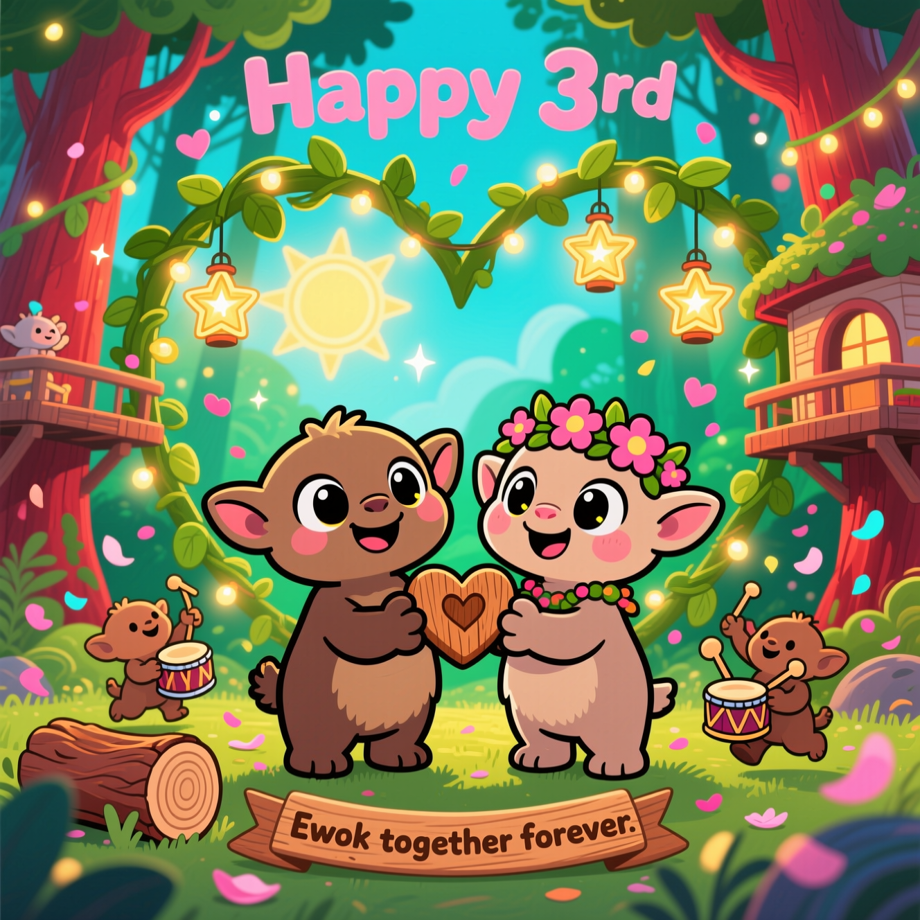 At the top of the Cartoon Style image, "Happy 3rd"

Two adorable Ewoks with chibi proportions and thick inky outlines stand beneath a heart-shaped arch of leafy vines and twinkling firefly lights in the lush Endor forest. They hold paws and beam with giant sparkling eyes; one offers a tiny carved wooden heart while the other wears a flower crown. Bright, saturated palette: emerald greens, honey-gold sunbeams, blush pinks, and sky-cyan accents. Around them, mini Ewok friends bounce in energetic poses, drumming on hollow logs and tossing petal confetti; three star-shaped lanterns dangle overhead as a playful nod to “3rd.” Soft, cel-shaded lighting with whimsical sparkles and bokeh heart glows; cozy treehouse platforms peek between towering redwoods. Composition is image-first and joyful, with bold shapes, chunky outlines, and dynamic motion swirls that keep the scene lively and cute.

At the bottom on a small wooden ribbon in a bubbly outlined font: "Ewok together forever."
Generated with these themes: Star wars ewoks, and .
Made with ❤️ by AI.