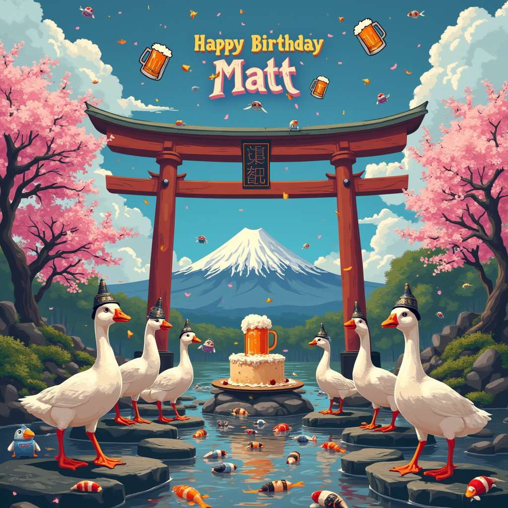 The scene unfolds in a whimsical, vibrant Japanese garden where surreal elements blend seamlessly into reality. At the forefront, a traditional Japanese torii gate stands majestically, yet instead of a wooden beam, the horizontal piece is a pixelated replica from an 8-bit video game world, symbolizing the fusion of digital and ancient worlds. Beneath the gate, a lively party of geese wearing tiny samurai helmets congregate, each holding a miniature beer stein in their beaks, celebrating Matt's birthday. These geese are standing on a path paved with colorful game controllers instead of stones, leading to a zen pond.

The pond's waters are not typical; instead, they're teeming with digital koi fish swimming in patterns resembling iconic video game characters. Surrounding the pond, sakura trees bloom with blossoms that inexplicably glow like neon, casting an otherworldly light over the scene. Amidst these blooms, a large birthday cake sits on a moss-covered stone, its frosting shaped like a frothy pint of beer, with “Happy Birthday Matt” written in kanji with a pixelated font on the side of the cake.

In the background, Mount Fuji looms, but its snowy peak is morphed into the top of a frothy beer mug. Above, the sky is an electrifying blue, dotted with fluffy clouds that spell out “Matt” in large, bold letters, reminiscent of a video game's title screen. To complete this surreal birthday spectacle, a hovering holographic banner unfurls across the sky, displaying images of classic video game icons cheering and raising mugs in celebration, as a few geese flap around it, adding to the festive chaos.
Generated with these themes: Video games, Beer, Japan, and Geese.
Made with ❤️ by AI.