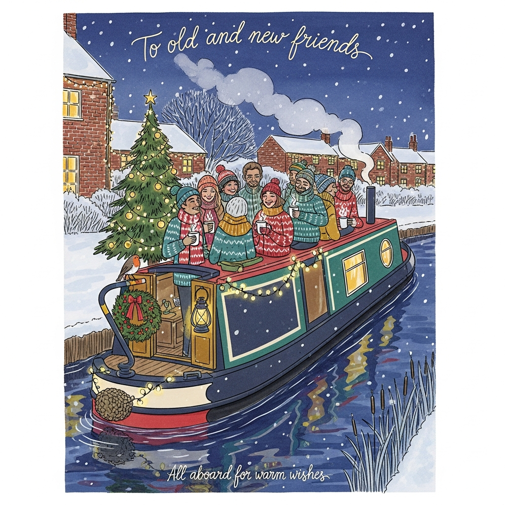 At the top of the Illustration Style image, To old and new friends

Create a sincere, hand-drawn illustration: fine linework, textured brush strokes, balanced composition, and a warm, expressive color palette. Winter dusk along a quiet canal; a classic narrowboat glides slowly through still, inky water as soft snow falls. On the deck, a diverse circle of friends—some long-time companions and a couple of new faces—share steaming mugs, drape warm white fairy lights, and exchange gentle smiles. A small evergreen tree with simple ornaments and a holly wreath on the bow glow in lantern light; a puff of smoke rises from the cabin stovepipe. The canal’s edge shows frosted reeds; brick cottages wear twinkling lights and warm window glows. A robin perches on the tiller. Composition: boat angled across the middle; friends gathered mid-deck; deep cobalt sky with faint stars in the top third; painterly reflections and drifting snow in the water filling the lower third. Palette: pine green, cranberry red, mustard gold, teal, and cozy cream against cool midnight blues and violets. Style: delicate pen outlines over watercolor/gouache textures, subtle paper grain, soft vignette edges, gentle highlights on faces and knitwear.

Typography: hand-letter the phrase at the top in warm cream ink, a tender, slightly curved script that echoes the boat’s arc; subtle shadow for readability without overpowering the image.

Add one small caption at the bottom in understated hand lettering: All aboard for warm wishes

Keep the mood heartfelt, intimate, and cozy. No additional text.
Generated with these themes: Friends on canal boat, and .
Made with ❤️ by AI.