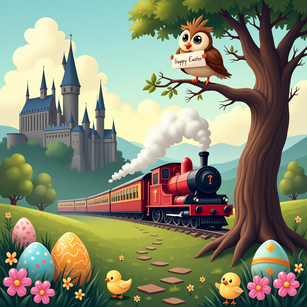 In this whimsical Easter-themed scene, the iconic silhouette of Hogwarts Castle rises majestically in the background, its spires piercing a sky painted with the pastel hues of dawn. Nestled at the foot of the castle, a lush, verdant field stretches out, dotted with vibrant Easter eggs that shimmer like jewels. Each egg is intricately painted with tiny magical creatures and patterns reminiscent of the Marauder's Map. In the foreground, the Hogwarts Express chugs along a track that seems to loop through the enchanting landscape, its crimson engine puffing out clouds of fluffy white steam. On these clouds, the words "Happy Easter" are whimsically written, floating joyously above the scene.

Perched on a nearby branch of a gnarled, ancient tree is an adorable cartoon owl. This owl, with its large, expressive eyes and a tuft of feathers atop its head resembling a wizard's hat, clutches a letter in its beak. The letter's envelope is embossed with the Hogwarts seal, and the name of the recipient is playfully scribbled in colorful ink on the flap. Around the owl, a few colorful Easter eggs hang from the branches like ornaments, each one twinkling with a magical glow. Beneath the tree, a cluster of curious, round-faced chicks peek out from behind the eggs, their tiny eyes wide with wonder as they gaze at the train.

To add a touch of mystery and adventure, small footprints lead from the edge of the scene towards the castle, suggesting a path for the viewer's imagination to follow. This entire tableau is enclosed within a border of blooming spring flowers, each petal meticulously detailed and awash with color, echoing the vibrancy of the eggs scattered throughout the landscape.
Generated with these themes: Hogwarts castle , Easter eggs , Hogwarts train, and Owl.
Made with ❤️ by AI.
