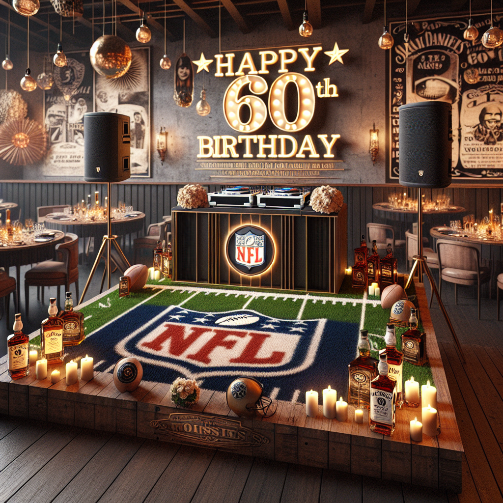 Envision a delicately realistic birthday setup designed for a passion-driven football fan's 60th celebration. The room is themed in a elegant manner with central attention paid to a DJ booth which subtly integrates emblems of a beloved football team. Encompassing the room, decorations themed on a well-liked whiskey brand are displayed extensively, featuring whiskey bottle centerpieces and rustic wooden elements, cultivating a cozy and welcoming ambiance. A prominent banner with 'Happy 60th Birthday' shines brightly, while the soft sounds of retro music coupled with football anthems subtly permeate the environment.
Generated with these themes: DJ. Rangers FC. Jim's 60th. Jack Daniels.  .
Made with ❤️ by AI.