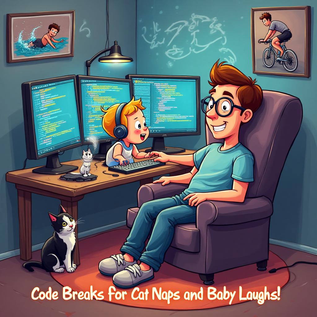 At the top of the Cartoon Style image, include the text: **Happy Birthday Tom**

---

Image Description:

In the center of the scene, a 36-year-old man with quirky glasses is sitting comfortably in a cozy armchair, wearing his favorite fluffy slippers. He’s deeply engrossed in computer coding, surrounded by a fortress of multiple vibrant screens displaying colorful lines of code. On his lap, a giggling baby girl with short blonde hair and oversized headphones is joyfully smashing a toy keyboard, mimicking her dad’s actions.

Next to them, a curious black and white cat sits on the desk, tail wrapped around the keyboard, watching the dynamic duo with a bemused expression. The walls are adorned with playful cartoonish pictures of the man swimming with exaggerated water splashes and cycling on a bicycle with comically oversized wheels.

Beneath the main image, add a playful caption in a bubbly font: “Code Breaks for Cat Naps and Baby Laughs!”
Generated with these themes: 36 year old man, with glasses and wearing comfy slippers.  He is computer coding on multiple screens. There is a baby girl on his lap, short blonde hair, smiling and wearing headphones. A black and white cat watching on. There are pictures on the wall of him swimming and cycling. , and .
Made with ❤️ by AI.