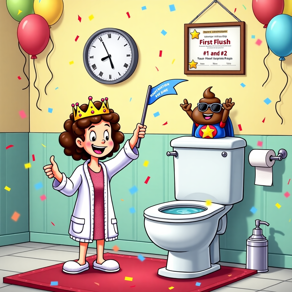 **Image Prompt:**

*At the top of the cartoon image:*  
**"Emma's First Flush in the New Throne—Royal Poo-sition Secured!"**

**Cartoon Scene Description:**  
A colourful, humorous cartoon bathroom scene with confetti flying, a sparkly brand-new toilet sitting proudly like a throne on a red carpet. Emma, drawn as a joyful queen in slippers and a robe, stands triumphantly holding a plunger like a royal sceptre. Behind her, a smiling toilet paper roll waves a tiny flag that says “#1 and #2 Done Right!”  
Above the toilet, a framed "First Flush" certificate hangs proudly on the wall, with a gold star sticker and the date. A cheeky poop emoji in sunglasses peeks out from the toilet bowl, giving a thumbs up. Streamers, balloons, and an air freshener with a superhero cape add to the party mood.

**Tone:** Light-hearted, pun-filled, and triumphantly silly—celebrating Emma’s first major achievement in her new home!
Generated with these themes: New home poo in toilet .
Made with ❤️ by AI.