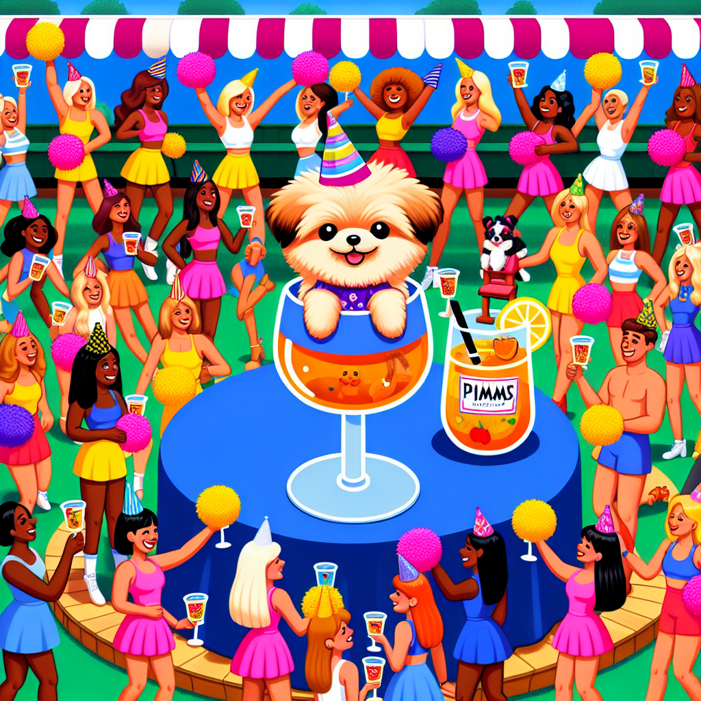 Create a lively and adorable cartoon image of a birthday bash. The star of this scene is a fluffy Maltipom puppy named Aero, who is wearing a tiny party hat. The vibrant background is filled with cheerleaders of diverse descents and genders, performing energetic routines. Many guests, both men and women of various descents, hold glasses filled with a refreshing drink, Pimm's, and their laughter mingles with the sound of the bustling crowd. In each corner, illustrate a 'Chair Market' where cartoon characters of all descents are joyfully inspecting an array of stylized chairs. This scene should ooze a delightful atmosphere that's both engaging and playful.
Generated with these themes: Maltipom puppy called Aero, Cheerleading, Pimms, and Buying chairs.
Made with ❤️ by AI.