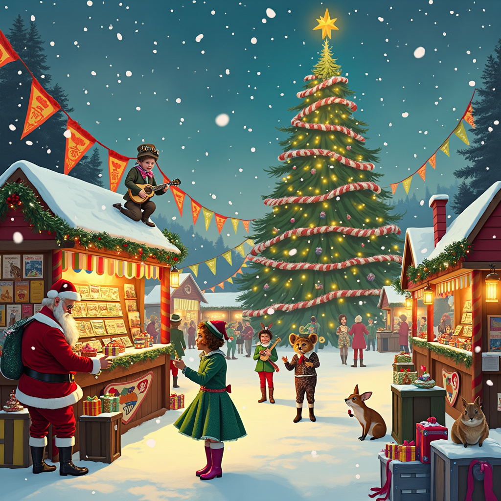 Imagine a whimsical Christmas scene set against the lively backdrop of Glastonbury Festival, infused with holiday cheer and a dash of eccentricity. The foreground is a bustling Christmas market, each stall decorated with twinkling fairy lights, tinsel, and mistletoe. At one stall, a jolly Santa Claus in a red velvet suit, but wearing rainbow-colored wellies instead of boots, is handing out gifts wrapped in Glastonbury Festival posters. Nearby, an elf is perched on a crate, playing a tiny ukulele while wearing a flower crown and a green sequined tunic. 

In the background, the iconic Pyramid Stage is transformed into a colossal gingerbread house, complete with candy cane pillars and gumdrop roof shingles. Snow gently falls over the scene, dusting the tips of the festival's signature colorful flags, which are now also adorned with mini Christmas ornaments. 

To the left, a group of merry festival-goers dressed as Victorian carolers, inspired by Aubrey Beardsley's intricate line work, are singing, but their sheet music features rock 'n' roll Christmas classics. They wear steampunk goggles and have lanterns that emit a magical, glowing light. 

In the center, children are engaged in a snowball fight, but the snowballs are shaped like tiny, decorated Christmas puddings. One child wears a vintage aviator hat and scarf, reminiscent of N.C. Wyeth's adventurous characters, while another child, inspired by Beatrix Potter, wears a soft, woolly jumper with a rabbit motif. 

A massive Christmas tree, standing tall and proud, is adorned with psychedelic ornaments, such as glittery mushrooms, tie-dye baubles, and miniature stage lights. Beneath the tree, a band of woodland creatures, akin to Maurice Sendak's lively illustrations, plays an assortment of festive instruments; a hedgehog strums a lute, a squirrel shakes a tambourine, and a fox plays a piccolo.

Every corner of the scene is teeming with quirky details: a snowman with a top hat made from a festival cup, a reindeer sporting a VIP pass around its neck, and an artist, inspired by Quentin Blake’s whimsical touch, sketching the whole scene with exaggerated strokes and splashes of color. 

This Christmas at Glastonbury Festival is a celebration of joyful chaos, with every element blending traditional holiday cheer with the unique, vibrant spirit of the festival.
Generated with these themes: Glastonbury Festival .
Made with ❤️ by AI.