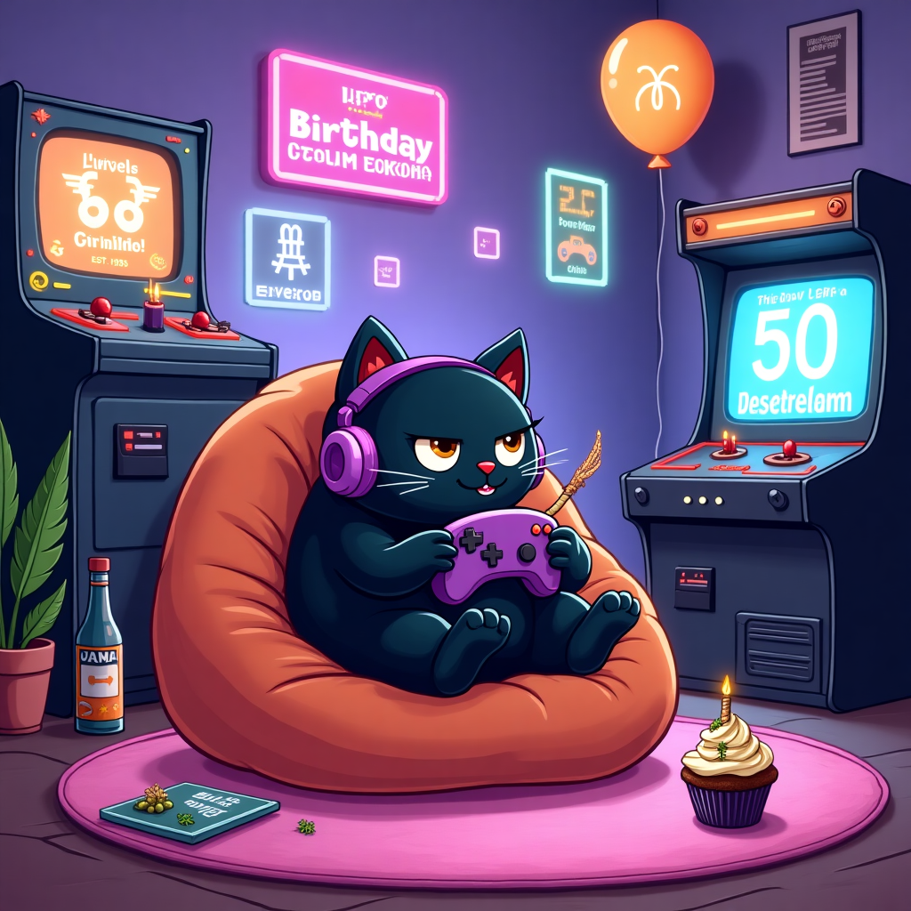 Black cat, 50, 1975, Gemini, Weed, Alcohol , Gaming , Streaming , Purple, Chill, Funny , Rude, and Young soul Birthday Card