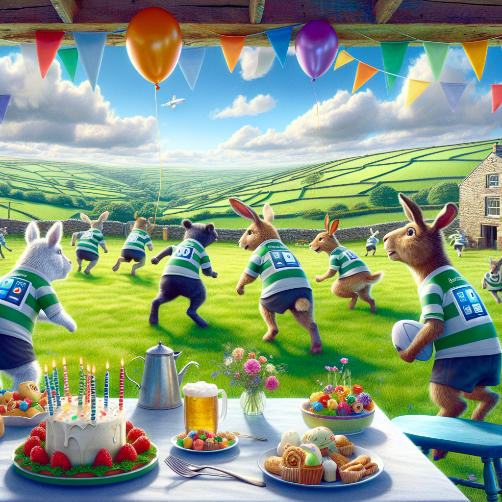 Visualize a festive birthday scene set against the verdant backdrop of a Yorkshire farm with undulating green meadows under a vibrant blue sky. Depict animated animals engaging in a lively game of rugby, their jerseys embellished with small icons indicative of operating systems, thus injecting a sprinkle of technology into this bucolic environment. Imagine a barn festooned with multicolored balloons and streamers, and a birthday banner fluttering in the soft wind above a well-laid table heaped with treats fresh from the farm landscape.
Generated with these themes: Rugby, Windows, Yorkshire, and Farm.
Made with ❤️ by AI.