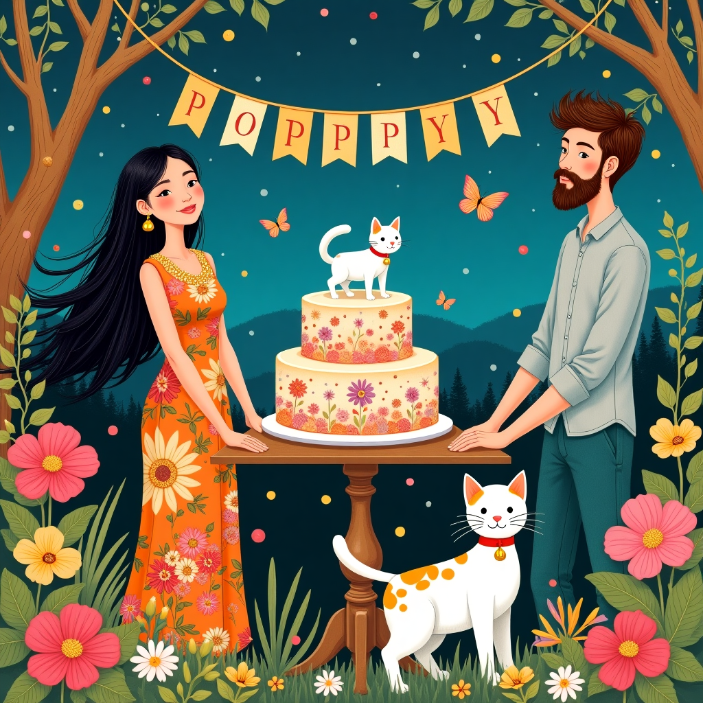 Thai girl medium size in dress with long black hair, Thai lady has white cat with ginger and black splodges, red collar and bell, and Long distance English boyfriend with brown,  blonde hair and beard Birthday Card