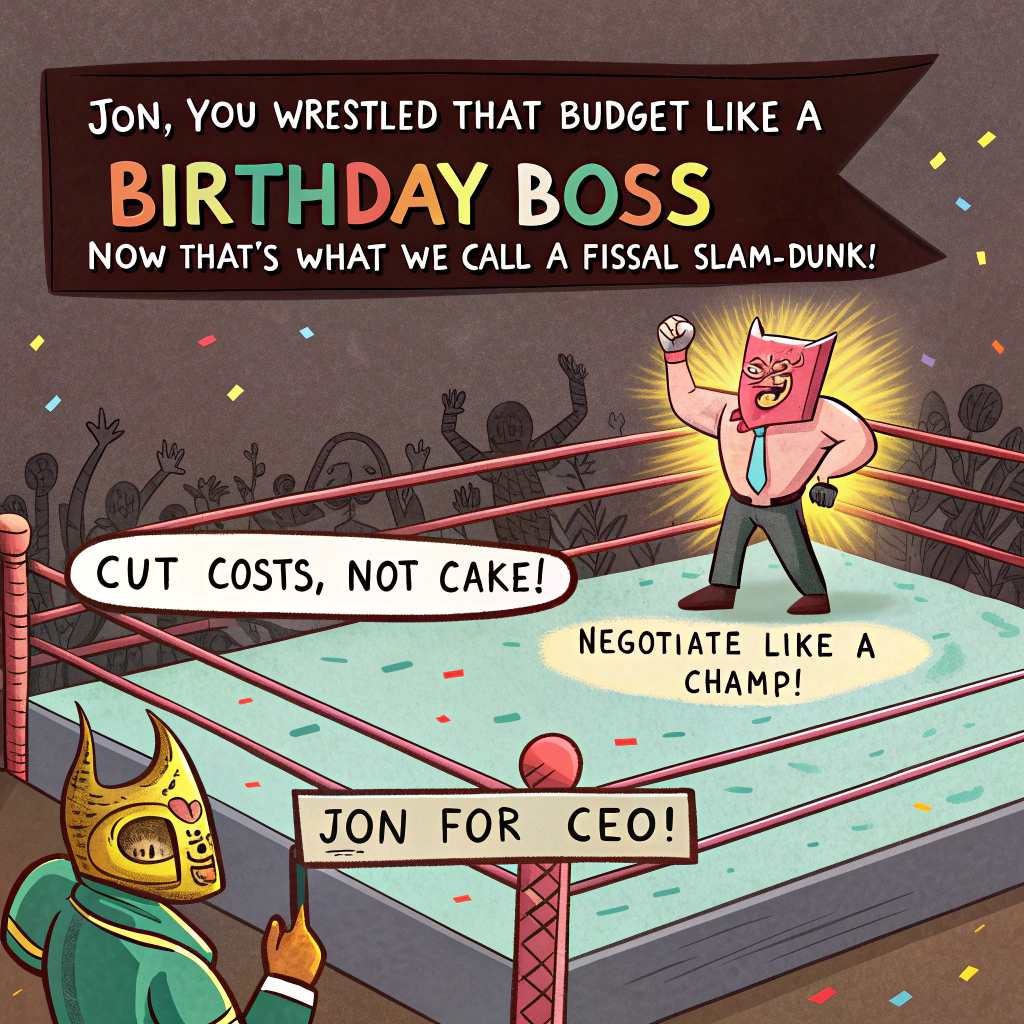 Negotiator, Audience signs, Wrestling ring, Cost reduction, Negotiation, Winning, Dollar bills floating, Luchador mask winner, Contract ripped up, and Performance chart signs Birthday Card