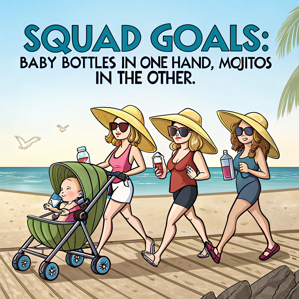 At the top of the image, "Squad goals: baby bottles in one hand, mojitos in the other."

- Illustrate a funny cartoon beach scene: six fabulous women in sunglasses and sun hats are strutting confidently along the sandy boardwalk, each pushing a baby stroller like it’s a designer accessory.
- The babies inside the strollers all have hilarious expressions: one’s wearing oversized shades, one’s covered in sunscreen, another’s got a juice box like a cocktail.
- The women are casually holding colorful cocktails with little umbrellas while marching in formation.
- Behind them, a sandcastle has a banner that reads: “New Mom Mafia.”
- In bold, dramatic lettering across the bottom of the image, add: “We ride at dawn, bitches.”  
- A few rogue seagulls fly above looking baffled. One baby waves at them like a celebrity.
Generated with these themes: 6 women pushing strollers , 6 babies, At the beach, Slogan we ride at dawn bitches , and Women drinking cocktails .
Made with ❤️ by AI.