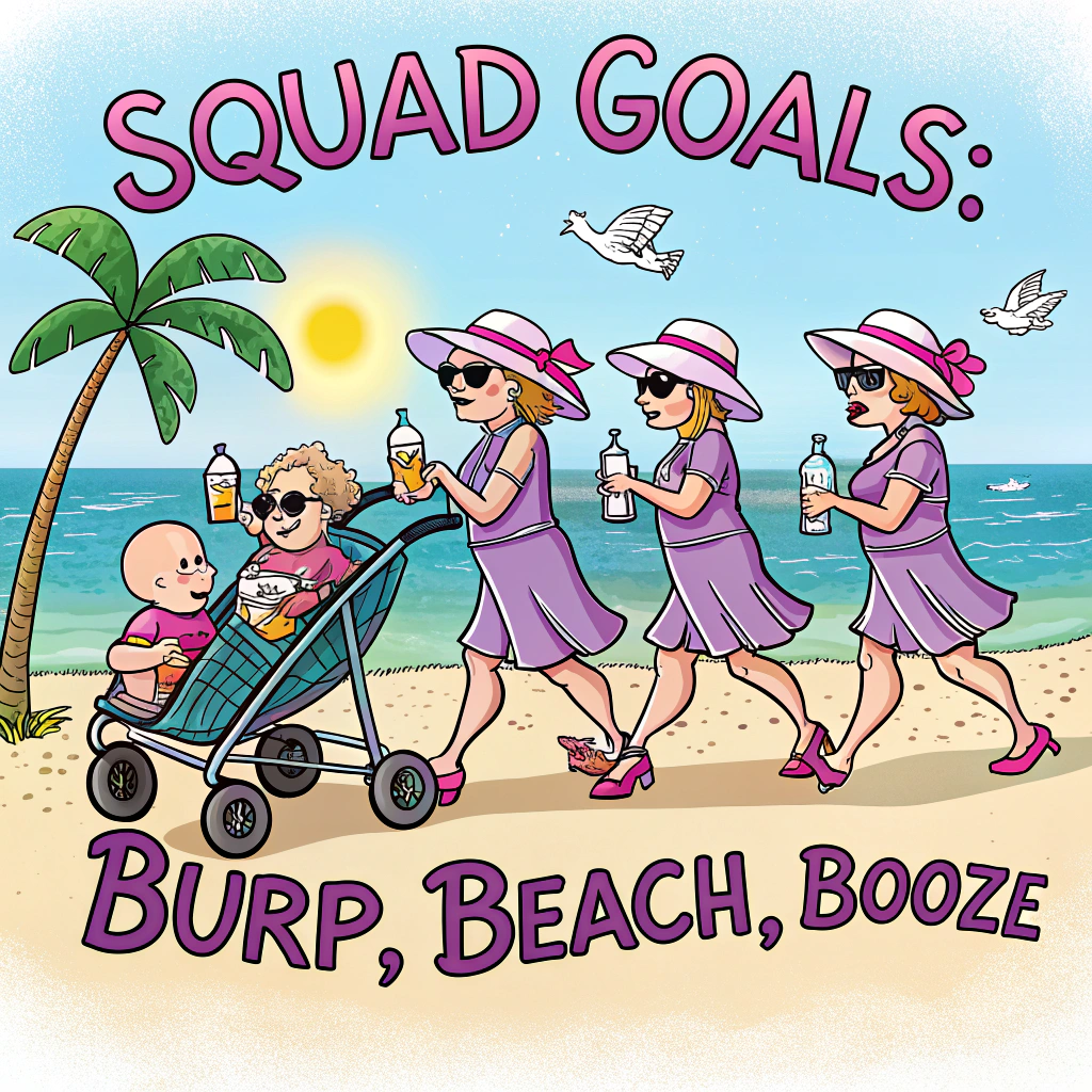 6 women pushing strollers , 6 babies, At the beach, Slogan we ride at dawn bitches , and Women drinking cocktails New-baby Card