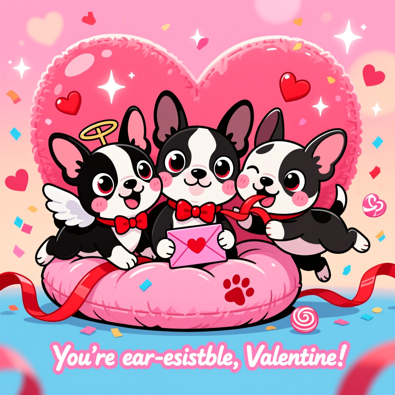 Playful cartoon illustration, cute mood, Valentine’s Day. Central focus: three Boston terrier puppies with exaggerated proportions (big heads, giant perky ears, wide sparkling eyes with heart-shaped highlights), tuxedo black-and-white coats and rosy cheeks. They tumble and cuddle atop an oversized plush heart-shaped cushion, surrounded by floating candy hearts, paw-print confetti, and curling red ribbons. One puppy wears tiny cupid wings, another sports a red bow tie and holds a pink valentine envelope in its mouth, the third is mid-bounce nibbling a ribbon; their oversized ears arc together to suggest a heart silhouette. Background: candy-pink to peach gradient with soft heart bokeh and twinkling stars; bright saturated palette (hot pinks, cherry reds, bubblegum pinks, sky blue accents). Style: thick black outlines, clean vector-like shapes, bold cel shading, glossy highlights, whimsical energetic poses. Composition: close-up, large characters centered, portrait orientation, minimal empty space. Small text caption at the bottom in playful bubble hand-lettering, white with hot-pink outline and subtle drop shadow: You’re ear-resistible, Valentine! No other text, no watermark.
Generated with these themes: Boston terrier puppies, and .
Made with ❤️ by AI.