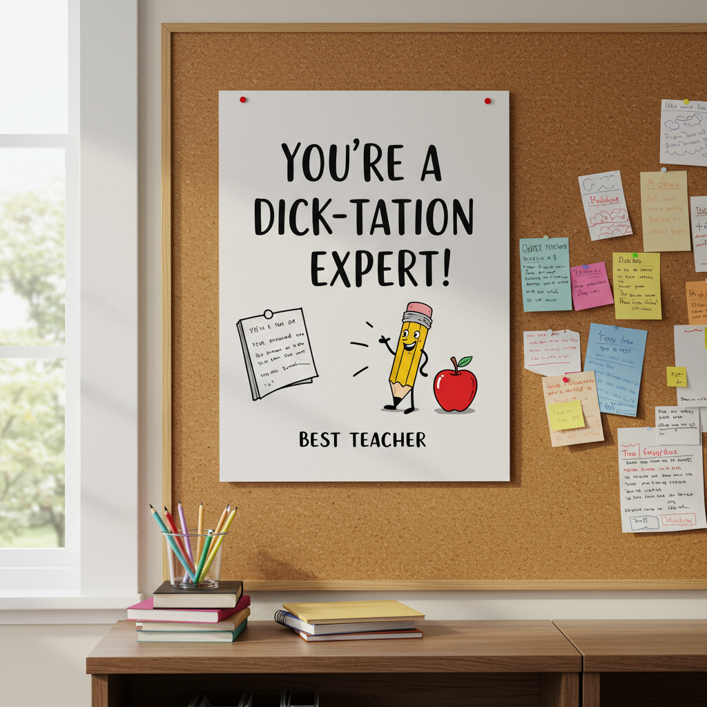 At the bottom of the Photorealistic picture taken from a camera image, include the text: "best teacher"

---

**Image Prompt:**

Capture a photorealistic scene in a bustling teacher's lounge. On a large bulletin board, a humorous sign stands out among the clutter of notes and reminders. The sign humorously reads: "You're a dick-tation expert!" Below the sign, a playful drawing of a cartoonish, exaggerated pencil with a cheeky grin stands next to an apple, adding to the fun vibe. The natural lighting from a nearby window casts soft shadows, enhancing the textures and colors, while giving the entire scene a warm and inviting feel. The depth of field highlights the quirky sign, making it the focal point of this amusing thank-you card dedicated to a fantastic teacher.
Generated with these themes: Your a dick, Willy, and .
Made with ❤️ by AI.