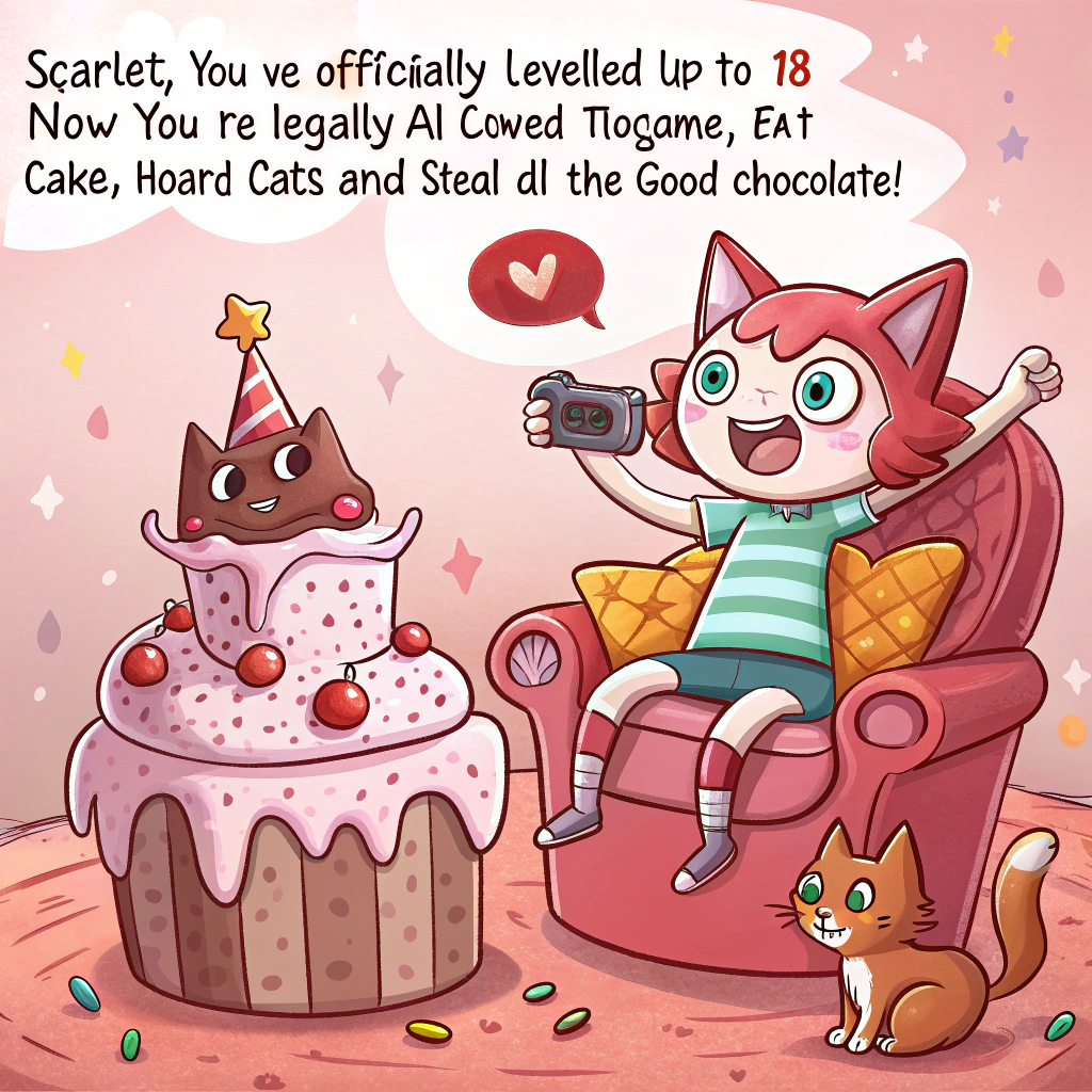 At the top of the image, "Scarlet, you’ve officially levelled up to 18 — now you’re legally allowed to game, eat cake, hoard cats AND steal all the good chocolate!"

- Create a vibrant, cartoon-style illustration featuring a jubilant Scarlet (with exaggerated joy) sitting on a pink gaming throne shaped like a frosted birthday cake, surrounded by cheeky cats in party hats.

- One cat is licking melted chocolate off a controller, another is swiping icing off a canvas where Scarlet has attempted to paint a majestic birthday cake masterpiece (but the result is hilariously childlike and messy).

- Scattered chocolate wrappers, cake crumbs, game cartridges, and pink paint blobs fill the scene like confetti, all under twinkling fairy lights shaped like tiny pixel hearts.

- The background is a fun blend of gaming neon lights and artsy brushstroke textures, creating a visual mash-up of her favorite themes in deliciously chaotic harmony.
Generated with these themes: 18th birthday, Cats, Chocolate, Art, Gaming, Pink, and Cake.
Made with ❤️ by AI.