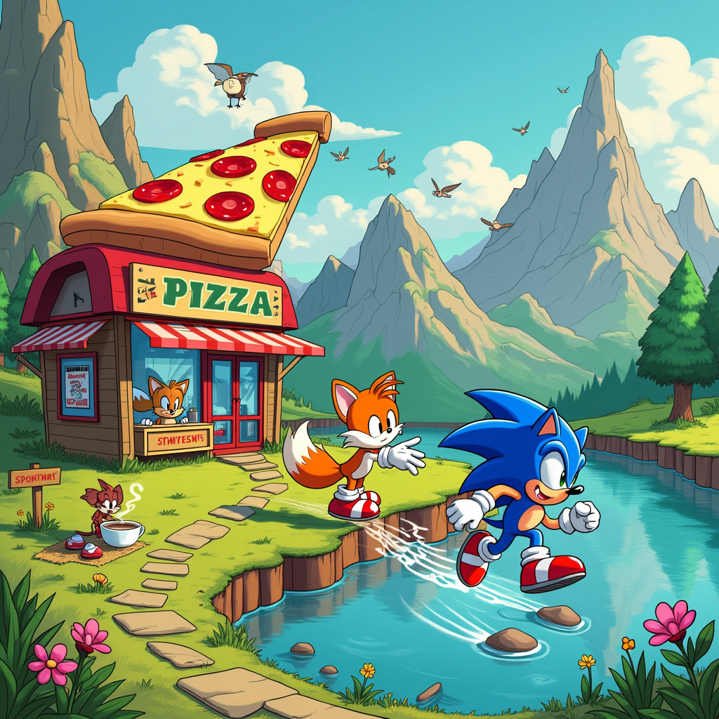 Sonic hedgehog, Tails fox, Shadow hedgehog, Running, Mountains, Pizza cafe, Knuckles, Lake, and Hot chocolate Birthday Card