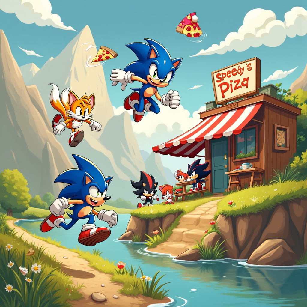 Sonic hedgehog, Tails fox, Shadow hedgehog, Running, Mountains, Pizza cafe, Knuckles, Lake, and Hot chocolate Birthday Card