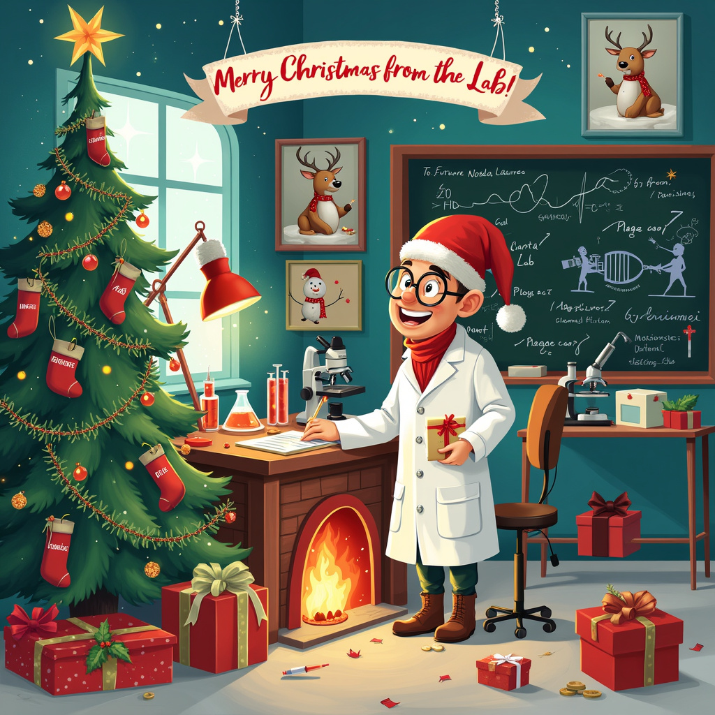 In the center of the card is a cozy lab decked out for Christmas. Picture a scientist, clad in a white lab coat and a Santa hat, working diligently at a lab bench adorned with tinsel and twinkling fairy lights. To the left, a decorated Christmas tree is uniquely topped with a sparkling DNA helix instead of a star. The tree is decked out with Petri dish ornaments, test tube garlands, and miniature lab equipment like beakers and pipettes as decorations. On the right side, there's a roaring fireplace with stockings hanging from the mantle. These stockings are labeled with quirky names like "Dr. Reindeer" and "Professor Elf," each one having a stethoscope and a syringe sticking out. Above the fireplace is a portrait of a cheerful reindeer in a lab coat, holding a clipboard. Scattered around the room are wrapped gifts with tags that read "To: Future Nobel Laureate" and "From: Santa's Lab." In the background, a bulletin board is covered with Christmas cards, each depicting humorous scientific illustrations, like a snowman with a beaker for a nose. A microscope sits on a side table with a sprig of holly on it, and there's a chalkboard behind the scientist covered in festive equations and doodles, including a sketch of Santa's sleigh propelled by jet rockets labeled with chemical formulas. Finally, a merry banner stretches across the top of the scene, reading "Merry Christmas from the Lab!"
Generated with these themes: Science, Lab, Medicine, and DNA.
Made with ❤️ by AI.