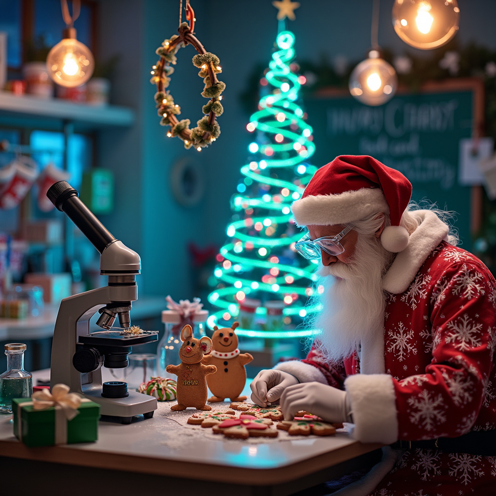 Imagine a bustling Christmas lab, where jolly scientists in festive lab coats adorned with snowflakes and reindeer work diligently around a large, twinkling Christmas tree made of double helix DNA strands. The helix glows with bioluminescent reds, greens, and golds, lighting up the lab. 

On one side of the lab, a microscope stands atop a workbench covered in gift-wrapped petri dishes, while a rack of colorful test tubes labeled with “Reindeer Serum” and “Elf Enzyme” bubbles away. A robotic arm in the corner is carefully hanging tiny, genome-sequenced ornaments onto the DNA Christmas tree, each ornament displaying intricate patterns of chromosomes.

At another station, a group of elves in lab goggles are decorating gingerbread cookies shaped like different types of cells, complete with sugar mitochondria and nucleus. Next to them, a life-sized Santa Claus mannequin stands in a lab coat, holding a clipboard and checking a list of genetic sequences, making sure everyone’s on the “Nice” list.

In the background, you can see a chalkboard with festive formulas written in colorful chalk: E=mc^2 turned into E=mc(Xmas)^2 with a Santa hat on the “E” and a candy cane replacing the equals sign. Christmas stockings hang from the lab benches, each embroidered with the name of a famous scientist, like “Merry Newton” and “Jingle Curie.”

Finally, near the tree, a small group of cheerful lab mice, dressed in tiny Santa hats, are running on a wheel that powers a miniature strand of Christmas lights. The lights spell out “Merry Christmas” in glowing DNA code.

This scene is a delightful collision of holiday cheer and scientific discovery, full of intricate details that bring together the worlds of Christmas, science, and medicine in a unique and playful way.
Generated with these themes: Science, Lab, Medicine, and DNA.
Made with ❤️ by AI.