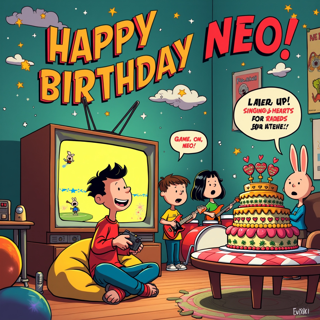 The front cover of the birthday greeting card features a vibrant and bustling cartoon scene, reminiscent of a whimsical mash-up of Peanuts' charming neighborhood and the futuristic flair of Astro Boy. The setting is a lively living room, bursting with fun, as friends and family celebrate Neo's special day.

At the center of the scene is a large, retro-style television set, with a classic wood finish and rabbit-ear antennas, that emits a warm glow. Neo, a cheerful young character with a beaming smile, is sitting cross-legged on a colorful beanbag chair, gripping a classic game controller. The TV screen displays a bright and engaging video game scene featuring a character that looks like a fusion of Calvin from Calvin and Hobbes and Astro Boy, energetically hopping on platforms and collecting birthday cakes as power-ups.

Behind Neo, a group of friends are joyously singing "Happy Birthday," their faces animated in exaggerated expressions like those from The Far Side. They're holding an array of musical instruments—one strumming a guitar, another playing a kazoo, and a third enthusiastically banging on a drum set adorned with colorful stickers. Above them, hanging from the ceiling, is a large banner that reads "Happy Birthday Neo!" in bold, comic book-style letters, with each letter uniquely decorated in a different gaming theme, such as pixel art, 8-bit hearts, and controllers.

On the right side of the room, there's a table covered with a checkered cloth, laden with an assortment of birthday treats. A multi-tiered cake takes the spotlight, each tier featuring different levels from a video game, and the top layer showcasing Neo's name in icing, with tiny edible figurines of Neo's friends singing around it.

Floating in the background, a series of speech bubbles in classic comic style narrate the celebration: "Level Up! Neo's Birthday!", "Singing our hearts out for Neo!", and "Game on, Neo!" These bubbles are artistically integrated into the scene, adding a dynamic comic-strip vibe.

The walls of the room are decorated with posters of vintage comics and iconic video game characters, creating a nostalgic yet modern ambiance. To the left, a window offers a peek into the outside world, where the sky is filled with fluffy clouds spelling out "Neo" in a whimsical, Disney-esque font, adding a magical touch to the celebratory scene.

Overall, this lively and detailed scene captures the essence of a joyful and quirky birthday celebration, merging the worlds of singing and gaming in a delightful, story-telling manner that honors the recipient, Neo.
Generated with these themes: Singing, and Gaming.
Made with ❤️ by AI.