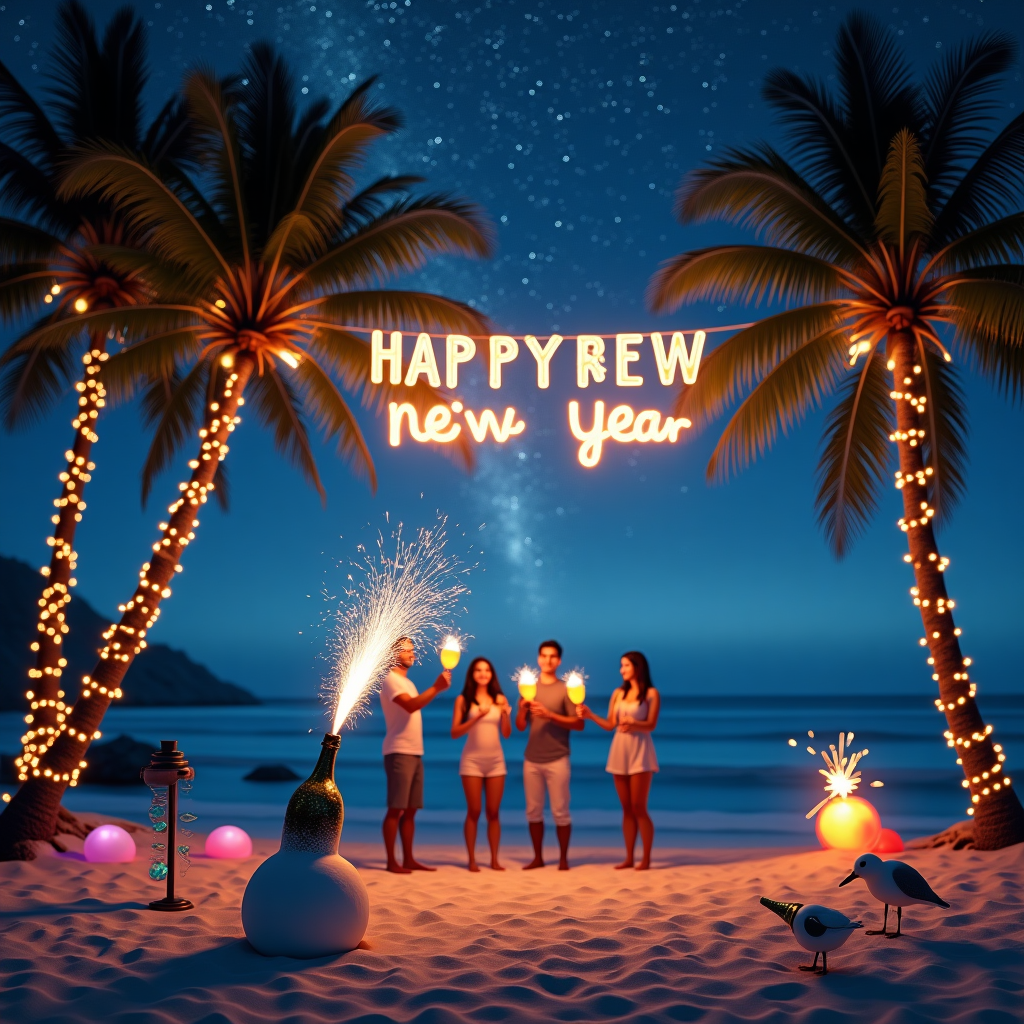 Beach new years party, palm trees, stars falling from the sky, popping champagne, beautiful lights,, HAPPY NEW YEAR, and New-year Card