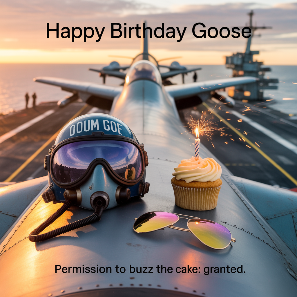 At the top of the Photorealistic picture taken from a camera image, "Happy birthday Goose"

At the bottom of the image, "Permission to buzz the cake: granted."

Ultra-high-definition 4K UHD photograph with accurate lighting, lifelike textures, and rich depth of field, capturing a true-to-life, Top Gun–inspired naval aviator scene at golden hour. Foreground: a navy-blue pilot helmet with clean white stripes and the call sign GOOSE stenciled on it, oxygen mask clipped to the side, resting on the matte-gray wing root of a twin‑tailed fighter jet. Beside it, a single cupcake with thick vanilla frosting and a sparking fountain candle throws off warm, playful bokeh. Aviator sunglasses sit on the wing, reflecting the orange-pink sunset and the carrier deck. Background: heat haze over an aircraft carrier flight deck, catapult steam drifting, deck crew silhouettes in soft focus, another jet blurred and ready to launch, ocean horizon glowing. Cinematic composition, 50mm prime, f/2 for shallow depth of field, ISO 100, 1/500s; warm, directional light with a subtle lens flare. Color palette of navy blues, steel grays, and sunset ambers. Place the top line large and bold in the sky area with a soft drop shadow for legibility; anchor the punchline at the bottom over the deck area, clean and crisp, ensuring both lines stand out without covering the helmet, cupcake, or jet.
Generated with these themes: Top gun, and .
Made with ❤️ by AI.