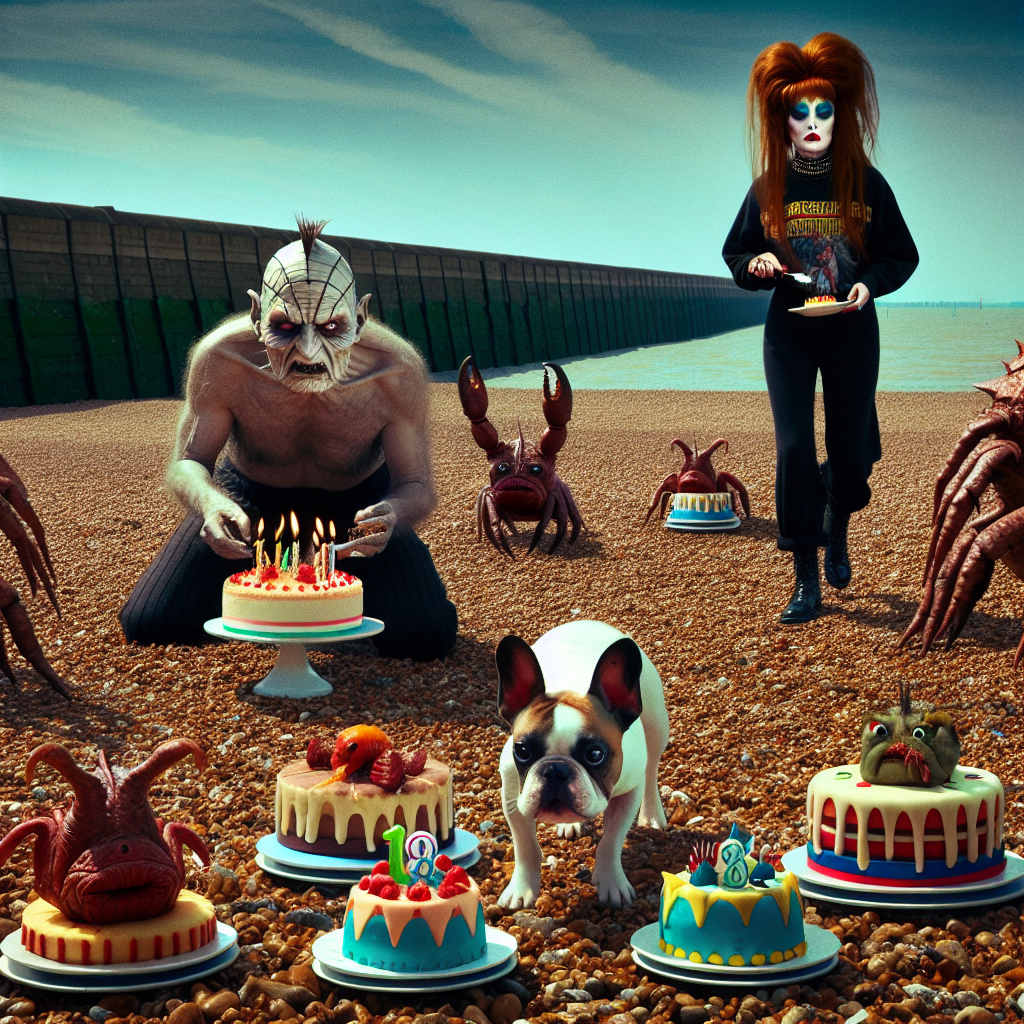 In an uncanny fusion of realistic and absurd elements, a French bulldog scurries across the pebbled terrian of a seaside similar to Whitstable. The scene is imbued with an unsettling feeling typical of horror films, contributing to an ethereal radiance that illuminates the strange birthday desserts dotted along the shoreline. These desserts take the form of grotesque sea creatures. An imposing, slender person of Caucasian descent with red hair styled into a mohawk and clothed in a sweatshirt of a generic rock band, towers over the pastries, while an attractive woman with a gothic aesthetic - long brown hair highlighted with red streaks and eyes adorned with colourful makeup - samples the eerie sweets. The atmosphere is saturated with the unusual commemoration of the 9th of August, 1989.
Generated with these themes: French bulldog called charlie, Horror movies, Whitstable seaside, Weird Birthday Desserts, 9th august 1989, Tall skinny ginger man with a mohawk in a rammstein hoodie, and Pretty goth girl with long brown hair with red streaks amd colourful eye makeup.
Made with ❤️ by AI.
