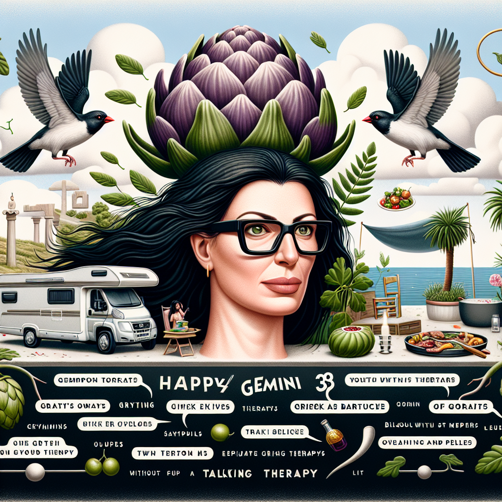 Anita is turning 38, she is Cypriot and her zodiac sign is Gemini, she has long dark hair and wears rectangular black glasses. She loves talking therapy and eating Greek food, especially BBQ, artichokes but not olives or peppers, she loves houseplants and her grey motorhome. She is a disabled rights activist and cares about the welfare of others. Birthday Card