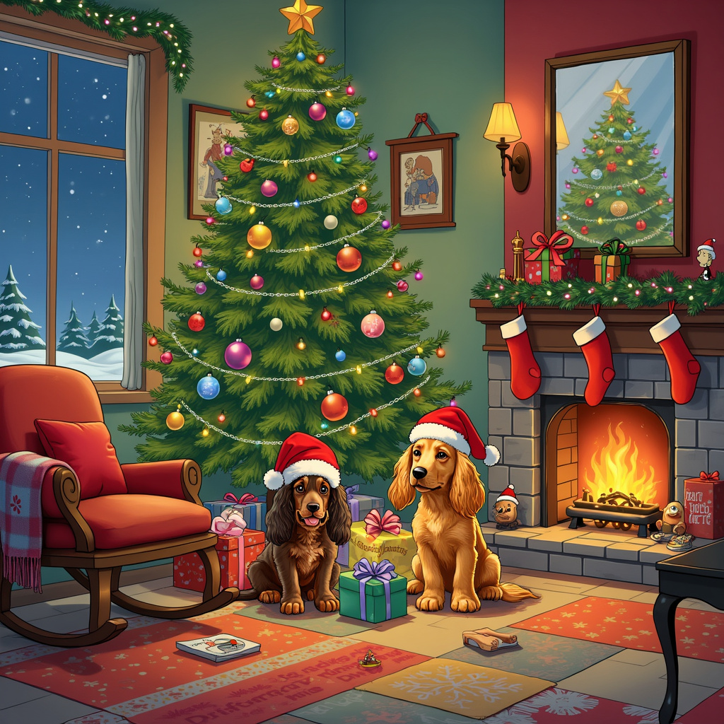 Golden and blonde cocker spaniel, Tiny chocolate and tan cocker spaniel, and Sat by christmas tree with presents Christmas Card