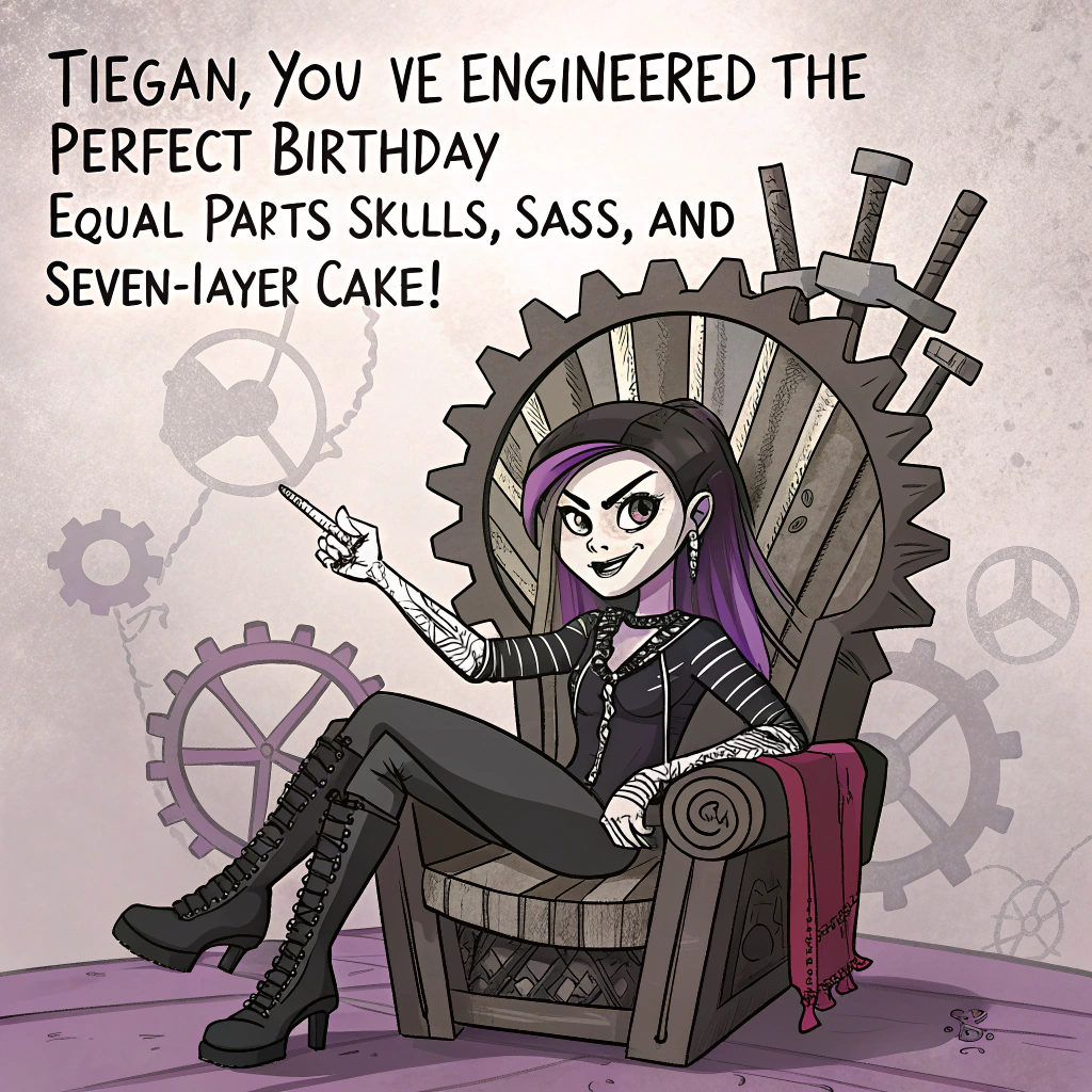 At the top of the image, "Tiegan, you’ve engineered the perfect birthday—equal parts skulls, sass, and seven-layer cake!"

- Illustrate a delightfully quirky scene featuring a gothic girl with dramatic black eyeliner, purple lipstick, and streaked hair, sitting cross-legged on a steampunk-inspired metal throne made from old gears and piping.  
- One arm is covered in intricate tattoos—some roses, a wrench, and a sneaky little bat—and she's piping skulls onto a cake with mechanical precision using a 3D-printed frosting gun.  
- Perched smugly on her shoulder is a jet-black cat with glowing green eyes and a nose ring.  
- Around the throne, half-built birthday decorations look like they were designed in a welding shop—balloons shaped like tiny anvils and candles shooting sparks instead of flames.  
- The background features softly glowing cobwebs, moody birthday banners in gothic font, and tiny mechanical bats hanging from copper wires.
Generated with these themes: Gothic girl, Tattoo , Skulls, Cat, Make up, Engineer, and Cake.
Made with ❤️ by AI.