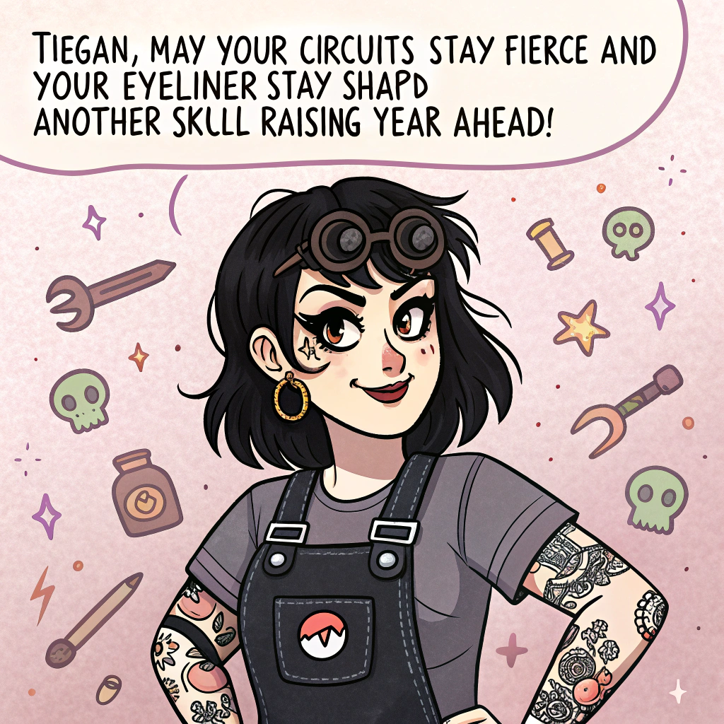 At the top of the image, "Tiegan, may your circuits stay fierce and your eyeliner stay sharp—another skull-raising year ahead!"

- In the center of the illustration, show a fabulously goth girl with jet-black hair, bold winged eyeliner, and a mischievous grin. She’s dressed in dark engineer overalls covered in patches and pins, some shaped like gears and tiny skulls. Her arms are inked with tattoos of cute spooky symbols like mechanical bats and potion bottles.  

- She’s welding a sparkly birthday cake made entirely of dark chocolate and glowing neon frosting. Smoke rises from the top layer, which holds a black cat with vampire fangs and one eyebrow arched sassily.  

- Makeup palettes and lipstick tubes are scattered around like tools on a workbench. A raven perched on a wrench stand offers her a birthday candle.

- A stack of mini skulls form the base of the cake stand, each with tiny party hats.

- Overall mood is comically gothic, with a moody yet joyful vibe and pops of color in lipstick reds, purples, and glowy teals.
Generated with these themes: Gothic girl, Tattoo , Skulls, Cat, Make up, Engineer, and Cake.
Made with ❤️ by AI.