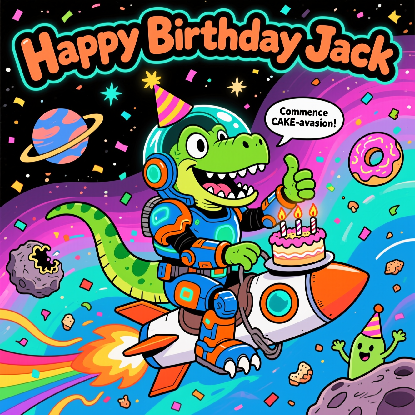 At the top of the Cartoon Style image, Happy Birthday Jack

Funny, playful Cartoon Style with exaggerated proportions, thick black outlines, and bright saturated colors. Center stage: a lime-green velociraptor “space marine” in oversized cobalt-and-orange sci‑fi power armor with a big glass dome helmet, party hat jammed inside, and confetti floating in zero‑G. The raptor strikes a wild, energetic pose, riding a stubby rocket like a rodeo pony; one claw grips a wobbling ringed-planet birthday cake with sparking candles, the other gives a cheesy thumbs-up. The rocket’s exhaust bursts as rainbow streamers and confetti instead of flame, curling into dynamic diagonal motion lines. The raptor’s grin is huge and toothy, eyes wide, armor glowing with neon accents; everything boldly outlined.

Space-party background: candy-colored nebulae (magenta, teal, electric blue), starbursts, donut asteroids with a humorous bite missing, and cute floating aliens in party hats cheering. Low gravity sprinkles and crumbs drift around; one cheeky candle nearly singes the helmet top for slapstick.

Add a small speech bubble near the raptor’s mouth with a single cheeky line: “Commence CAKE-vasion!” in chunky hand-lettered style with a thick outline.

Render the top text in big chunky astro-bubble letters with a black outline and neon glow, arcing gently across the top for readability. Use soft cel-shading, shiny highlights, and simple gradients with occasional halftone dots in shadows. Keep the composition bold and uncluttered around the title area. No other text. Vertical, full-bleed composition.
Generated with these themes: Raptor space marine , and .
Made with ❤️ by AI.