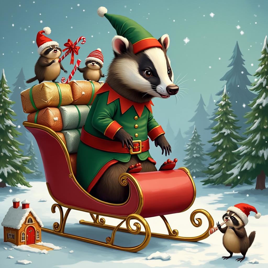 In this comical Christmas illustrative scene, the focal point is a cheeky badger clad in an elf costume complete with a green tunic, a belt with an oversized buckle, and pointy red shoes with curled tips. The badger is positioned in the center of a miniature sleigh that's overrun with wrapped gifts in sparkling papers of silver, gold, and festive patterns. The sleigh itself is a glossy red with ornate golden runners, comically too small for the badger, who looks as though they've squeezed inside. The badger’s costume hat flops over one eye, adding to the whimsy. A background of snow-dusted fir trees adds to the scene with a clear blue sky dotted by soft white snowflakes. In the foreground, a gingerbread house sits lopsided, with a gumdrop pathway leading towards it, and two mischievous raccoons are depicted wearing Santa hats, each holding a candy cane striped in red and white, and peeking out from behind the trees. A whimsical touch is added by a trio of robins wearing tiny knitted hats, chirping atop the sleigh’s backrest, seemingly amused by the spectacle.
Generated with these themes: Christmas badger.
Made with ❤️ by AI.