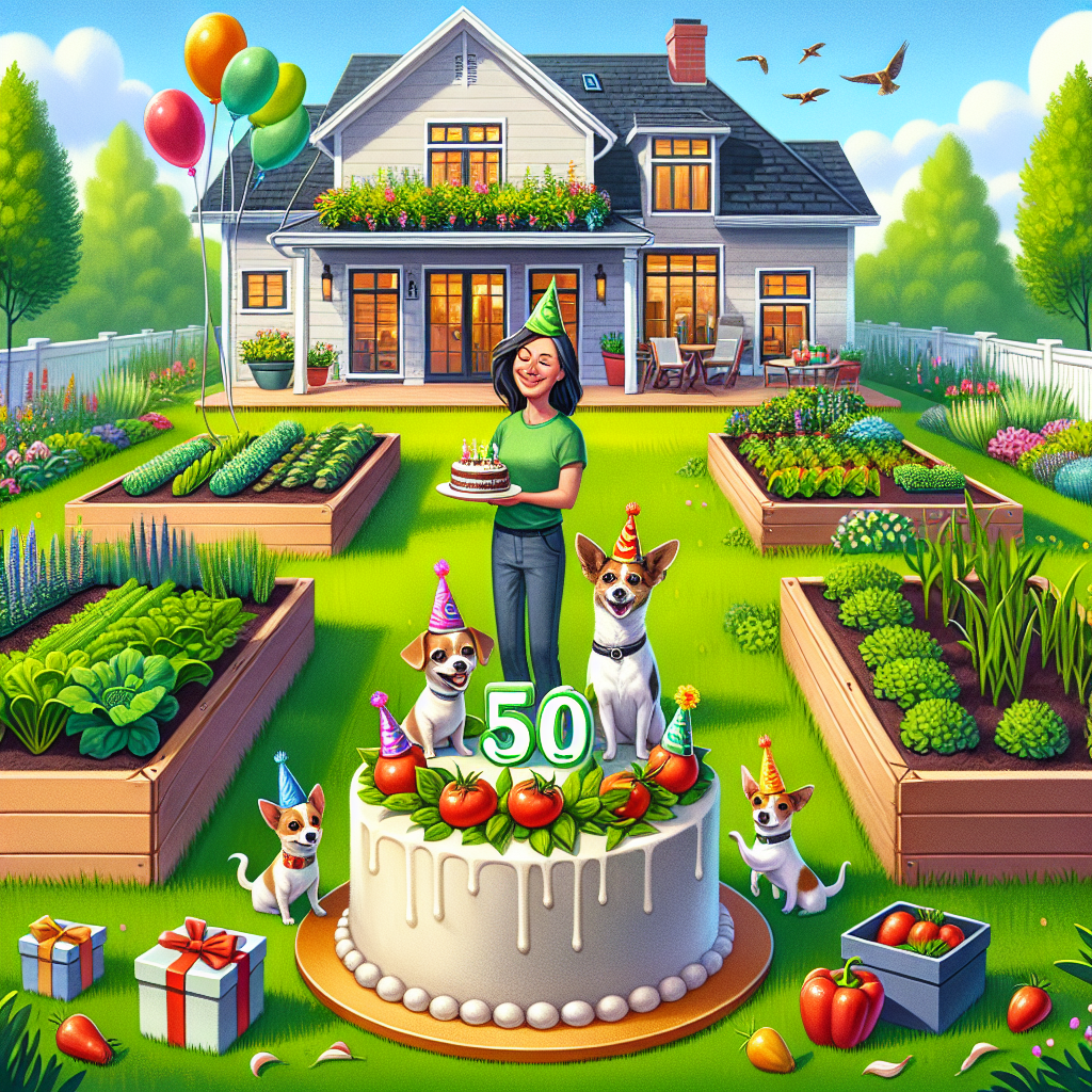 Create a vibrant illustration of a joyful 50th birthday party being held in the backyard of a newly built house. The backyard is replete with raised beds filled with lush vegetables and herbs, demonstrating the homeowner's commitment to a healthy lifestyle and gardening. In the middle of the scene is a birthday cake decorated with miniature figures of a Chihuahua and a Jack Russell dog, both donned in tiny festive hats. The overall atmosphere is serene and full of growth, symbolizing new beginnings apt for the milestone celebration.
Generated with these themes: Her Chihuahua and Jack Russell, New house, Eating healthy, Gardening, and 50th birthday.
Made with ❤️ by AI.
