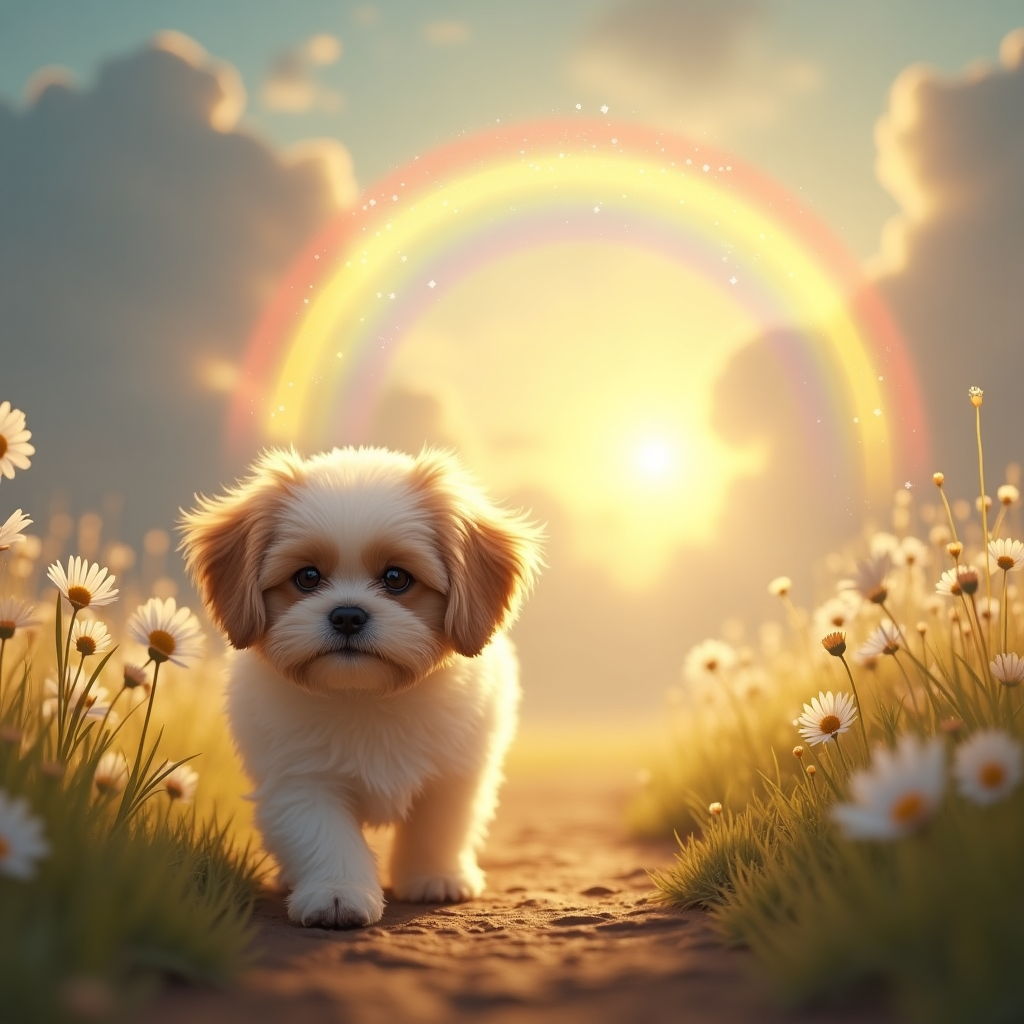 Gold and white shi tzu going over there he rainbow bridge Sympathy Card