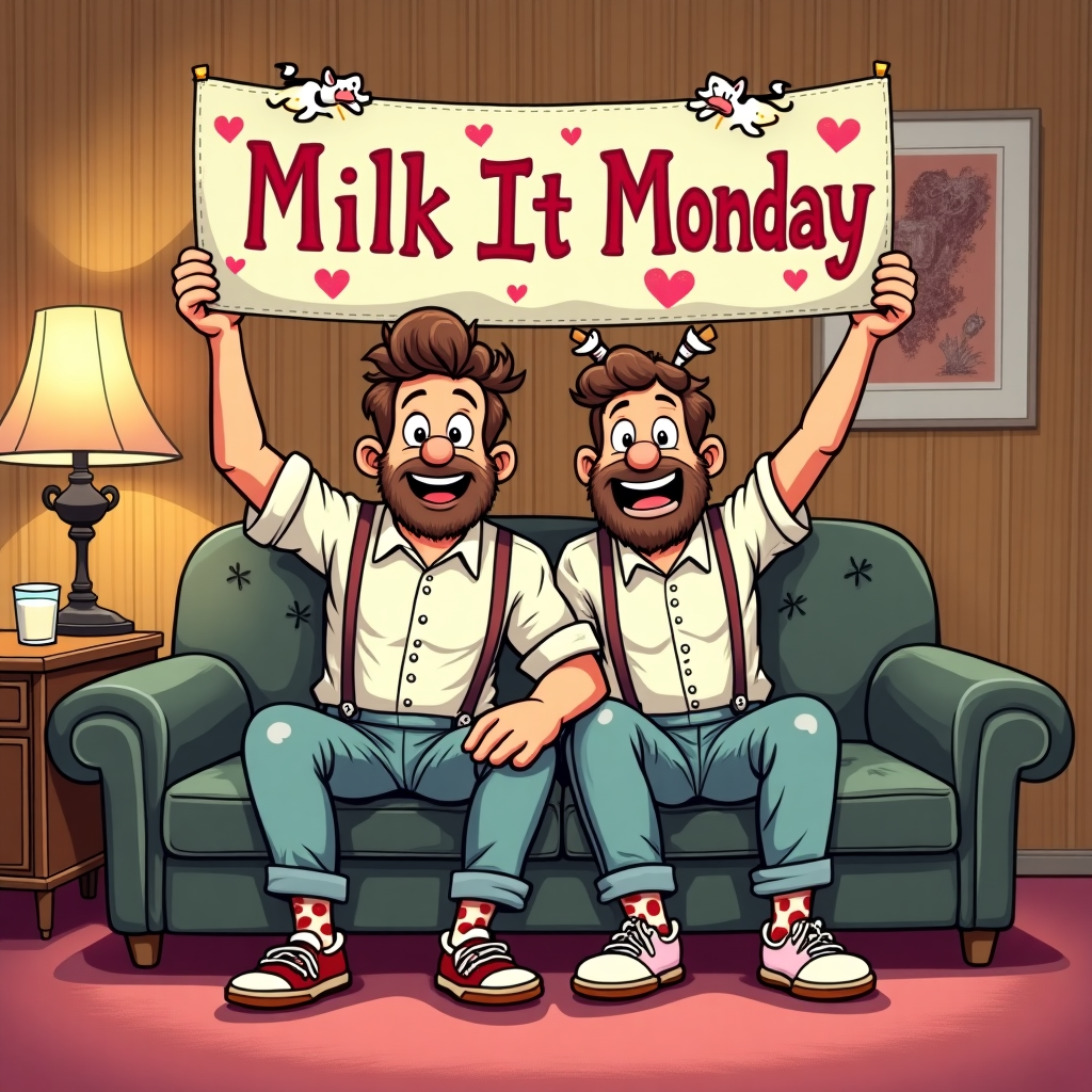 **Prompt for Image Generation:**

A retro-style cartoon illustration featuring two cheerful men sitting side by side on a vintage 1970s-style couch in a cozy, kitschy living room—think shag carpet, lava lamp, and wood-paneled walls. They're both wearing humorous Valentine’s-themed outfits—one has heart-patterned socks and suspenders, the other a cupid headband with springy antennae. Together, they are proudly holding up a handmade banner that reads: “Milk It Monday” in bold, playful lettering decorated with little pink hearts and tiny cartoon cows. One of them winks at the viewer while the other raises a cheeky glass of milk as a toast. The scene oozes Valentine’s silliness, retro charm, and bromantic hilarity.
Generated with these themes: Have two men holding up a sign that says "Milk It Monday". Make the style retro and set on a couch in a living room..
Made with ❤️ by AI.