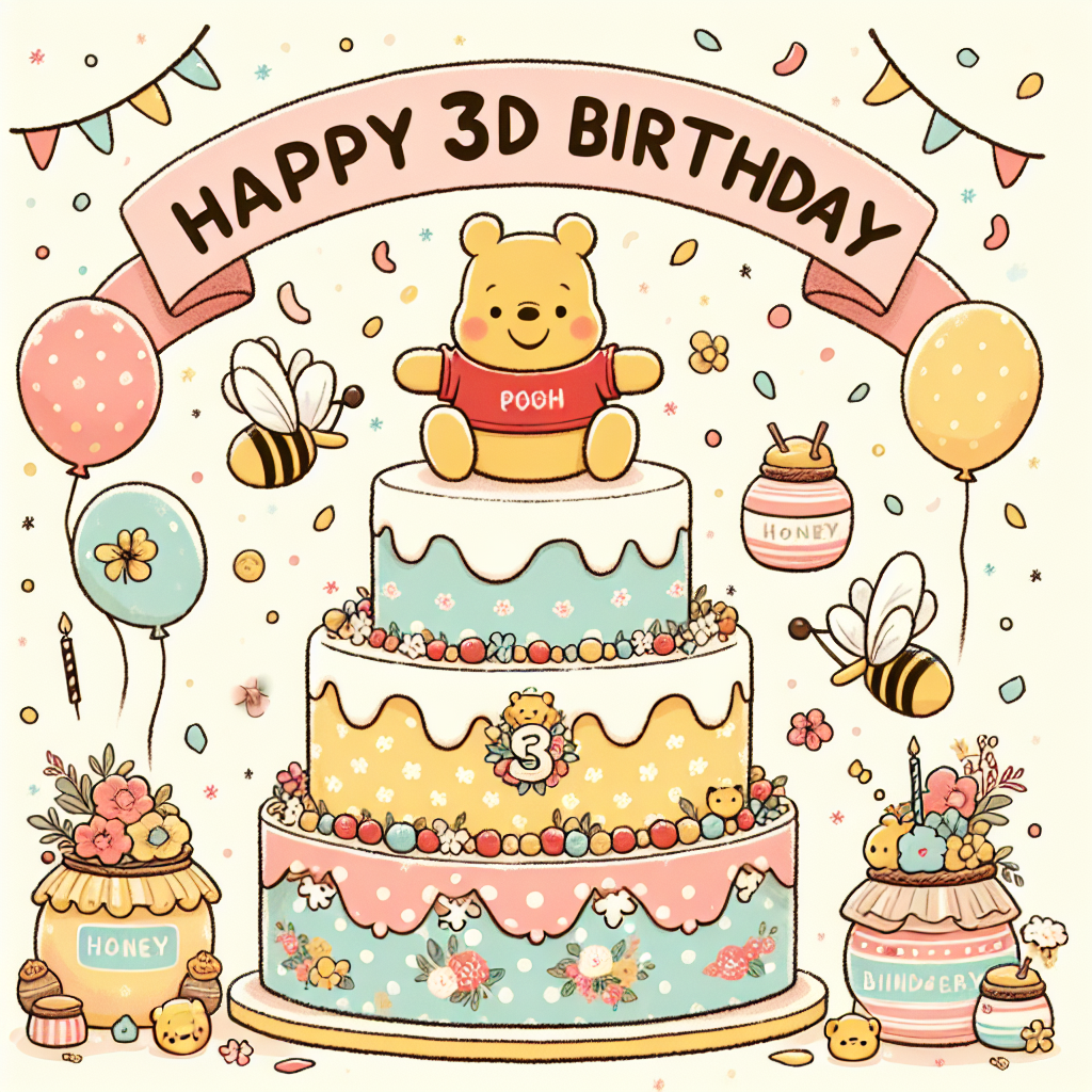 A charming illustration themed around a birthday celebration featuring a three-tiered cake decorated in a fun and playful style. Instead of Winnie the Pooh, let's visualize a joyful bear character with a red t-shirt sitting atop the cake, accompanied by a scatter of honey pots and balloons. The background is filled with whimsical confetti raining down over everything, while a banner proudly exclaims 'Happy 3rd Birthday' in soft pastel hues, marking the special day for a beloved three-year-old granddaughter.
Generated with these themes: Cakes, Winnie the pooh, and 3 year old granddaughter .
Made with ❤️ by AI.