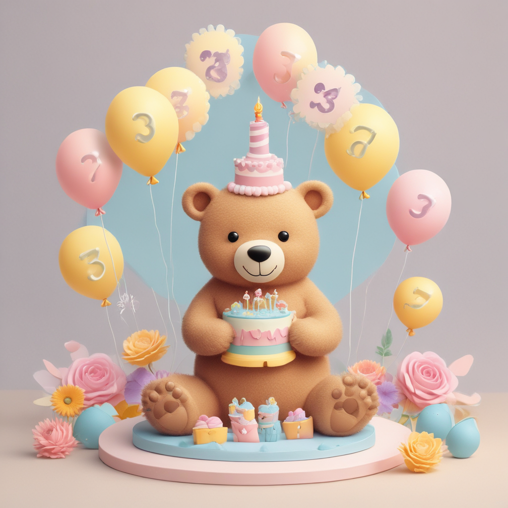 Illustration Cute, Imagine a delightful birthday scene set in soft pastel hues. At the center, a large, charming cake is displayed. The cake is adorned with a buttercream frosting and decorated with delicate fondant bees. To the side, a cute bear character, not unlike the traditional teddy bears, is holding a balloon with the number '3' on it, symbolizing the age of the birthday child. The setting is further embellished by festive banners and tiny colorful flowers, presenting a cheerful atmosphere for a three-year-old's milestone celebration.
Generated with these themes: Cakes, Winnie the pooh, and 3 year old granddaughter .
Made with ❤️ by AI.