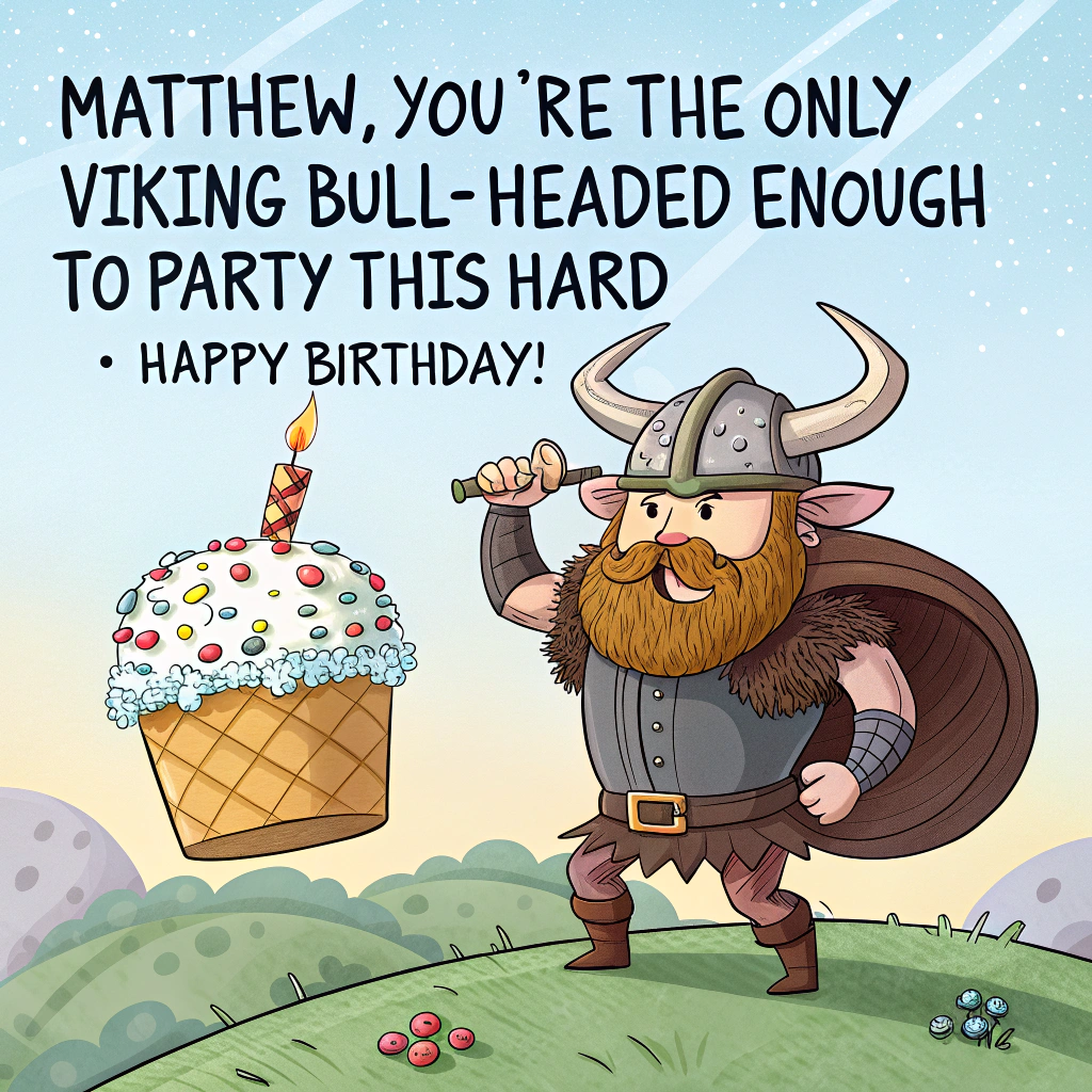At the top of the image, "Matthew, you’re the only Viking bull-headed enough to party this hard — Happy Birthday!"

- Create a realistic, funny photograph of a burly Viking wearing traditional Viking armor, but with big, fluffy bull horns (Taurus-style) on his helmet.  
- He should be confidently standing atop a grassy hill under a bright blue sky, flexing a giant birthday cake like a victorious trophy.
- His beard should have tiny bits of frosting and sprinkles tangled in it, showing he’s already sampled the goods.
- Around him, Viking longships shaped like giant cows can be seen floating in the distance on a shimmering lake.
- Optional small details: a battle axe sticking out of the cake, a birthday balloon tied to his sword, and other Vikings in the background clumsily trying to blow up party balloons instead of battle horns.  
- The whole mood should be light-hearted, cheeky, and filled with hilarious Viking-meets-birthday-party chaos.
Generated with these themes: Viking dressed as Taurus.
Made with ❤️ by AI.