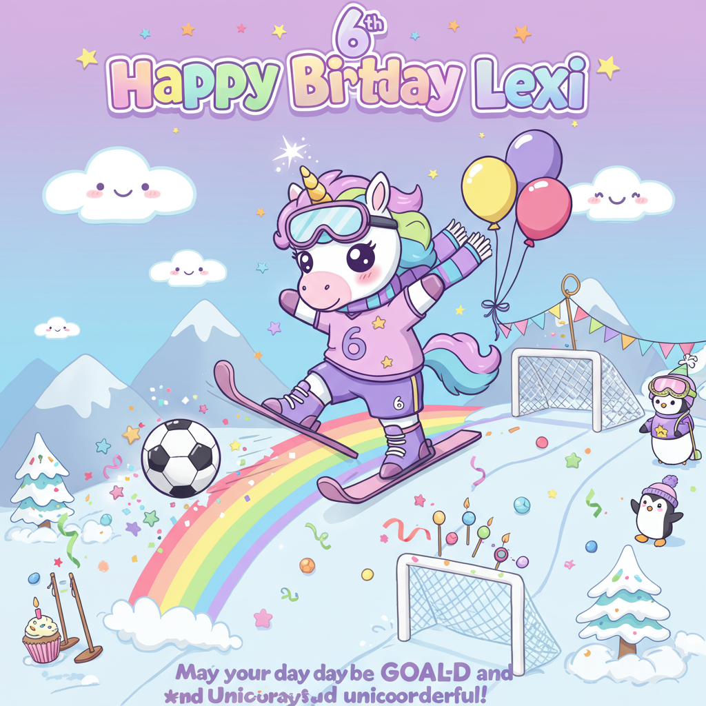 At the top of the Cartoon Style image, Happy 6th Birthday Lexi
A big, cute, high-energy cartoon scene in bright saturated colors with thick outlines: Center a chubby, sparkly-eyed unicorn with a pastel rainbow mane and rosy cheeks, wearing a sporty soccer jersey with a bold “6” and a cozy striped scarf. The unicorn, in shiny ski boots and goggles perched on its horn, is mid-jump while skiing down a glowing rainbow that arcs across the sky like a ski slope. One hoof kicks a giant, adorable soccer ball that trails rainbow stardust toward a tiny, festive goal net at the bottom; the other hoof holds strings to bouncy party balloons, including one shaped like an American football to nod to football. Add whooshing motion lines and confetti snowflakes for extra pep.
Background: candy-colored snowy mountains, a distant ski lift, and puffy, smiling clouds. Place bunting and streamers around the goal, with little star and heart sparkles. Add a few playful side characters—like a penguin in a tiny referee shirt cheering on skis. Scatter mini details like cupcake-shaped slalom poles and candle markers along the rainbow slope.
Style notes: exaggerated proportions, thick black outlines, clean cel shading, glossy highlights, and a punchy, joyful palette. Keep the composition dynamic and vertical, with the unicorn large and central.
Render the headline in bubbly rainbow-gradient letters with a thick white outline and subtle glitter, floating at the top with tiny stars.
Optional small caption at the bottom on a ribbon: “May your day be GOAL-d and unicorn-derful!”
Generated with these themes: Unicorn, Rainbows, Football, Soccer, Skiing, and .
Made with ❤️ by AI.