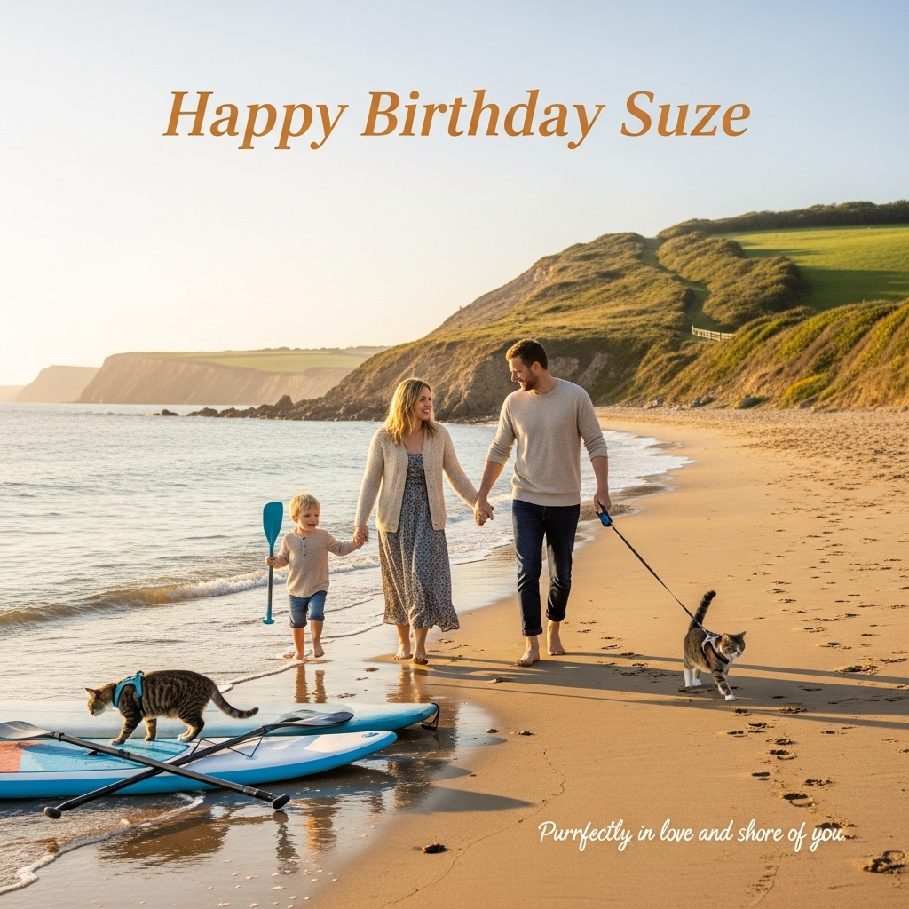 Paddle boarding, coastal walks, the cats amd wilf  her son, and Birthday Card