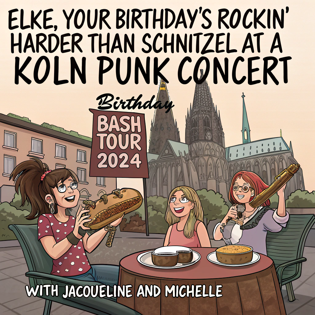 At the top of the image, "Elke, your birthday's rockin' harder than schnitzel at a Köln punk concert—with Jacqueline and Michelle on vocals!"

- In the center of the cartoon-style image, depict a lively, exaggerated street café scene in Köln with the grand Köln Cathedral in the background. Elke sits at a table devouring a massive bratwurst while her daughters, Jacqueline and Michelle, wear outrageous band tees and hold tickets that say “Birthday Bash Tour 2024”.

- Around them, concert-goers parade past carrying currywurst, giant pretzels, and oversized foam fingers that say “Team Elke”.

- A food cart shaped like a guitar serves schnitzel slices like vinyl records.

- Pigeons wear tiny leather jackets and peck at leftover fries with cool disdain.

- The atmosphere is buzzing, like a hilarious blend of Oktoberfest and rock ‘n’ roll madness.

- Everyone is joyously raising mugs, yelling "Prost to Elke!" as cartoon sound effects like “CRUNCH!”, “BURP!”, and “YAAAS!” float through the air in colorful bubbles.
Generated with these themes: Eating together in the City Köln, going to a concert, two daughters, Going to a concert, and Two daughters Jacqueline and Michelle.
Made with ❤️ by AI.