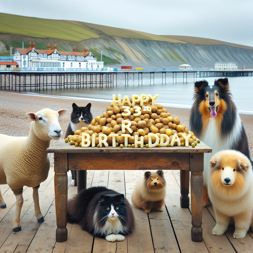An enchanting birthday scene at the seaside set against the backdrop of a classic English coast. Included in the celebration are a black and white feline, a fluffy sheep, a Sheltie breed canine, and a polar bear. In front of them is a rustic wooden table piled with heaps of potatoes and peas, carefully crafted to spell out 'Happy 33rd Birthday'. The peaceful English shore is distinctly visible in the rear, showcasing a conventional pier extending into the calm waters, creating a tranquil ambiance for the charming celebration.
Generated with these themes: Black & white cat, sheep, Sheltie dog, polar bear, potatoes and peas, England seaside, “Happy 33rd Birthday”.
Made with ❤️ by AI.