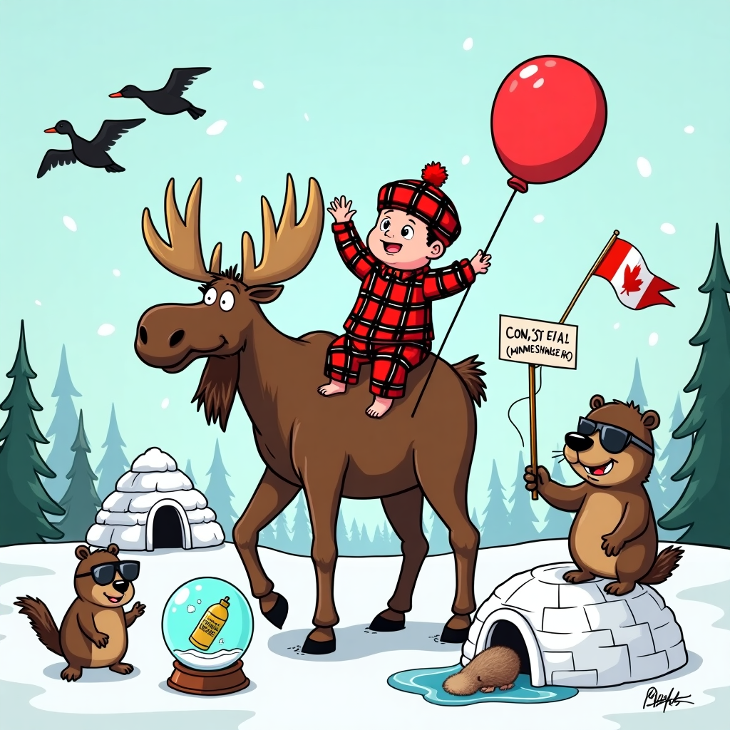 **At the top of the illustration image:** "Oh Justin, Looks Like the Stork Eh-xpress Just Dropped a Tiny Mountie!"

**Prompt for the illustration:**

A hilarious, over-the-top Canadian wilderness scene with a cartoon baby bundled in flannel plaid, wearing a miniature Mountie hat, riding proudly on the back of a friendly moose. The moose is standing in front of a maple syrup waterfall, while snow gently falls around them—even though it's clearly summer. A grinning beaver in aviator sunglasses is holding a congratulatory balloon shaped like a maple leaf. There’s a tiny baby igloo playpen in the background, and a family of loons flying overhead carrying a “Congrats, Eh!” banner in their beaks. The baby waves a miniature Canadian flag in one hand and holds a tiny bottle of "100% Pure (Warmed) Maple Milk" in the other. A bottle-shaped snowglobe with a shaking leaf adds motion near the foreground. Style: bold-lined, vibrant colors, joyful, cartoony and dynamic.
Generated with these themes: Over the top Canadian .
Made with ❤️ by AI.
