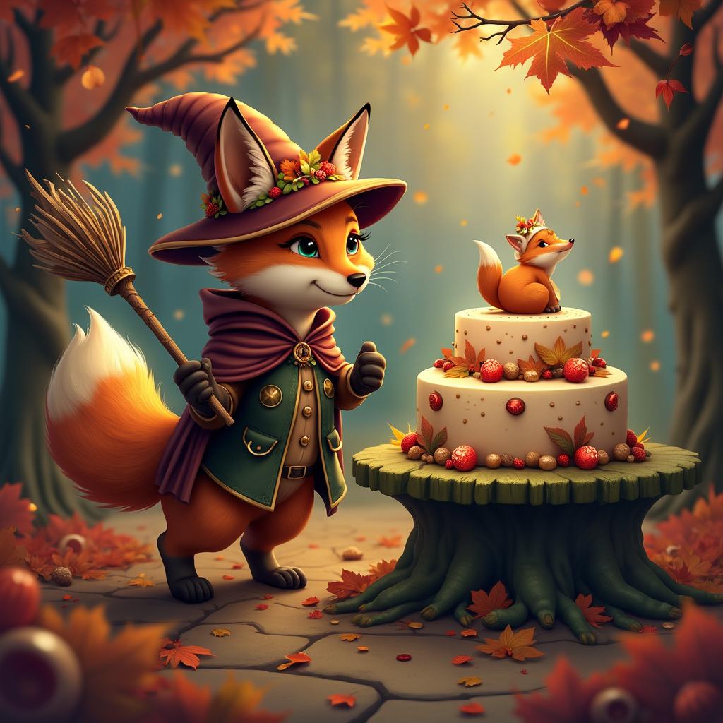 In the heart of an autumnal forest clearing during the magical hour, vibrant leaves in shades of orange, red, and gold blanket the ground, creating a warm, inviting carpet. Amongst the trees, an anthropomorphized fox, adorned in a deep green vest with golden buttons and a matching pointy wizard's hat decorated with autumn leaves and a glowing crystal at the tip, stands proudly. With a magical staff entwined in ivy, it emits a warm, sparkling glow. Nearby, another anthropomorphized fox, this time in the guise of a witch, is elegantly draped in a maroon robe trimmed with intricate golden patterns. It hovers above the ground on a broomstick, gracefully waving a wand that conjures floating, luminescent leaves that cascade like gentle rain.

Celebrating a special occasion, a beautifully crafted banner made of interwoven branches and leaves stretches between two trees, proudly proclaiming "Happy Birthday Shell." Delicate, glowing forest sprites hold the edges of the banner, lending a whimsical touch as they appear to float in mid-air. At the center of it all sits a magnificent tiered cake, cleverly designed to resemble tree stumps, adorned with edible mushrooms and berries, topped with a charming fondant fox wearing a witch’s hat. This delightful creation rests upon a moss-covered stone table intricately carved with runes and woodland motifs.

Scattered about the scene are magical elements, including an open ancient spellbook with gilded edges and mythical symbols that seem to flutter in the enchanted breeze, illuminated by floating, iridescent motes of light. Nearby, crystal flasks filled with bubbling, colorful potions glow softly, each corked and wax-sealed, resting on a vine-wrapped tray beside the cake. Golden leaves are artfully arranged throughout, spelling out "Shell" in various places — from the treetops to the forest floor, and even within the swirling magical gusts of wind that dance through the clearing, uniting the themes of foxes, magic, witches, and autumn in a whimsical celebration. 

Generated with these themes: Foxes, Magic, Witches, and Autumn.  
Made with ❤️ by AI.