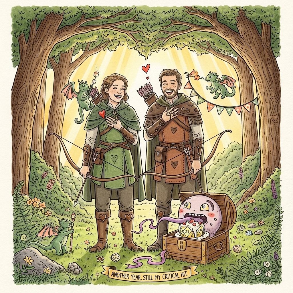 A DND theme of a ranger husband and wife in the woods with some dragons and a mimic, and Anniversary Card